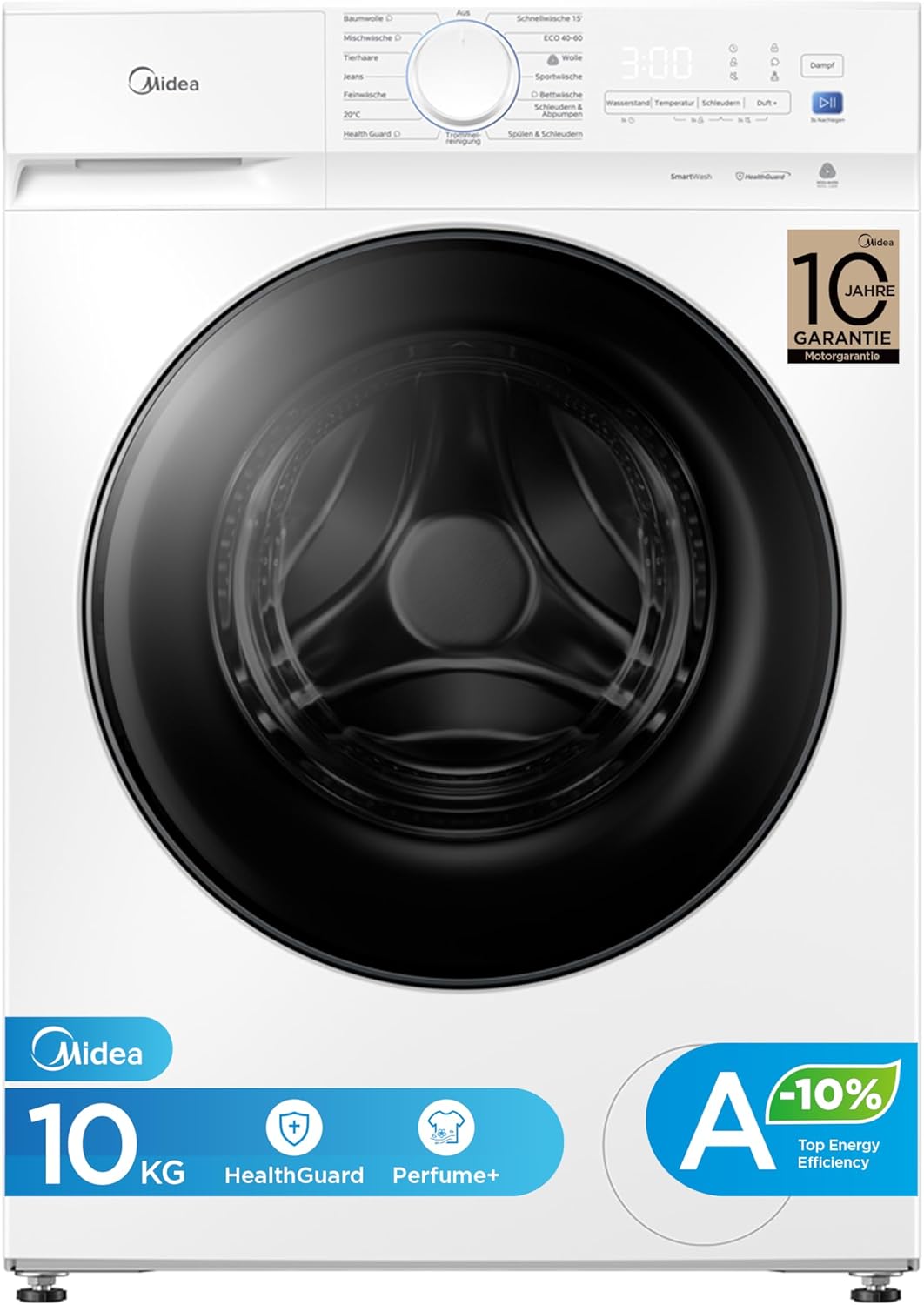 Midea Waschmaschine V3 series, 10 kg | Energieeffizienzklasse A-10% | 1400 U/min| Dampffunktion | Tierhaare| 15-Min Schnellwäsche | Woolmark-Zertifiz