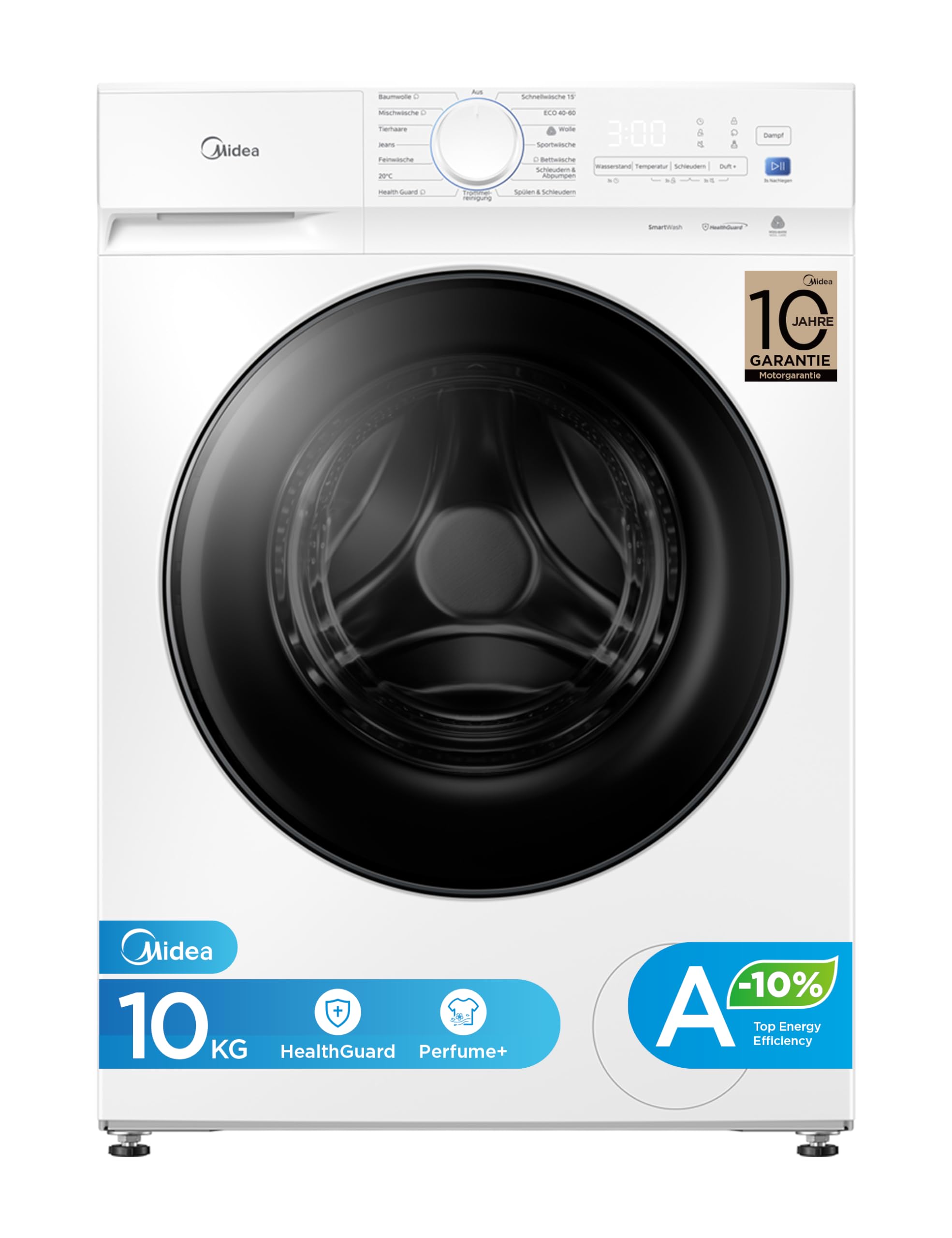 Midea Waschmaschine V3 series, 10 kg | Energieeffizienzklasse A-10% | 1400 U/min| Dampffunktion | Tierhaare| 15-Min Schnellwäsche | Woolmark-Zertifiziert MFV3EW100BA10 | Weiß