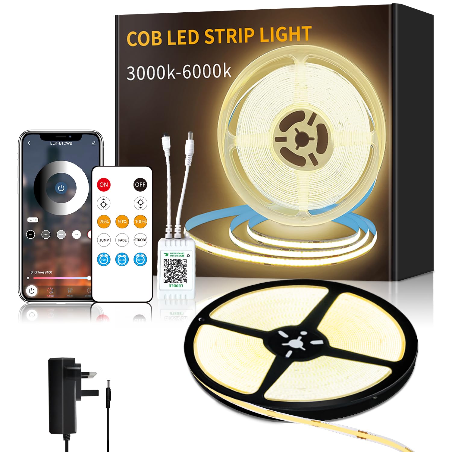 Yeewhale COB LED Strip Lights 3000K 10M 24V Dimmable Warm White LED Strip Kit, with Remote and app Control and UKCA Power Supply LED Tape Lights,for DIY Home Decoration — image 1