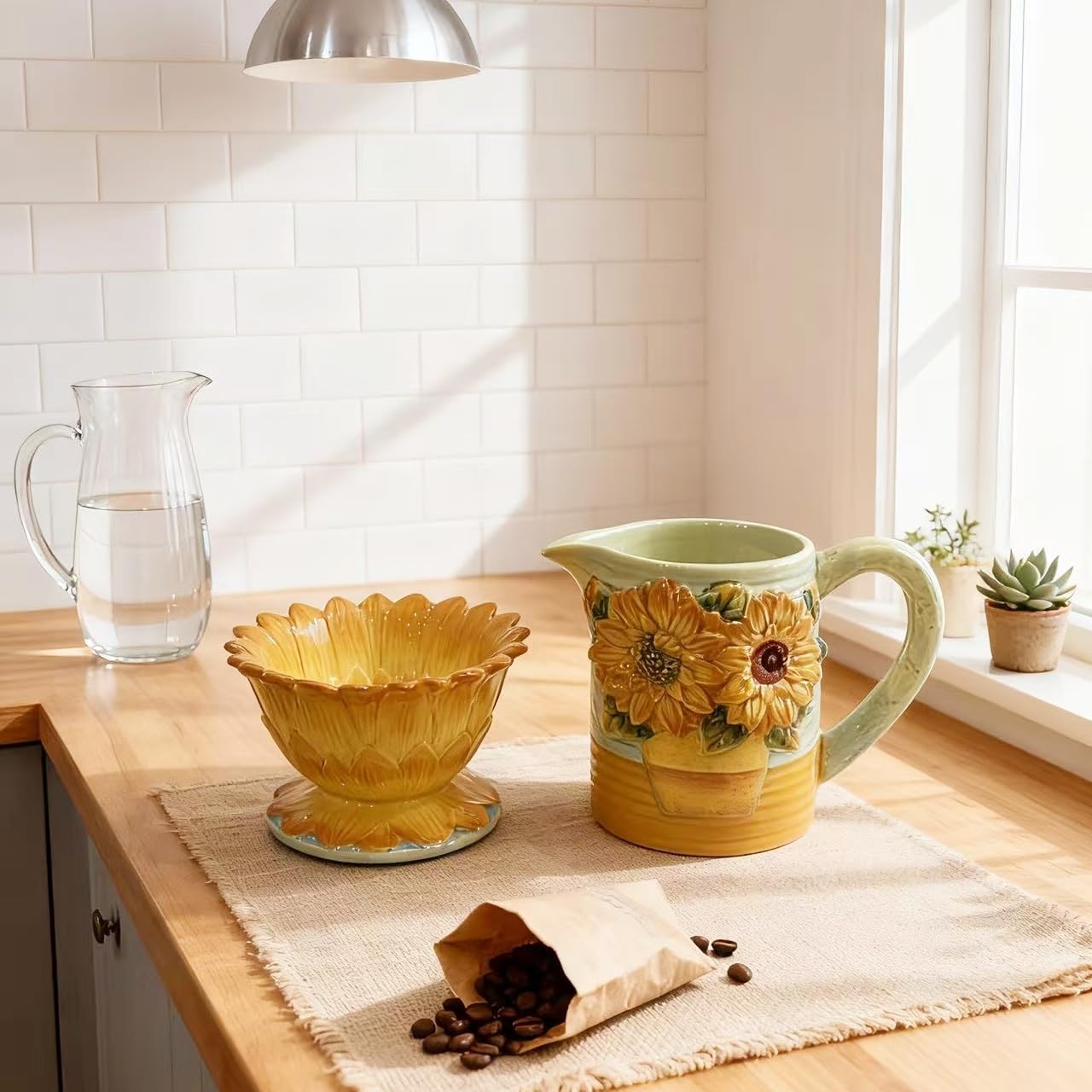 Ceramic Hand-painted Yellow Sunflower Pour Over Coffee Dripper and Coffee Pot Set, Manual Brew Maker