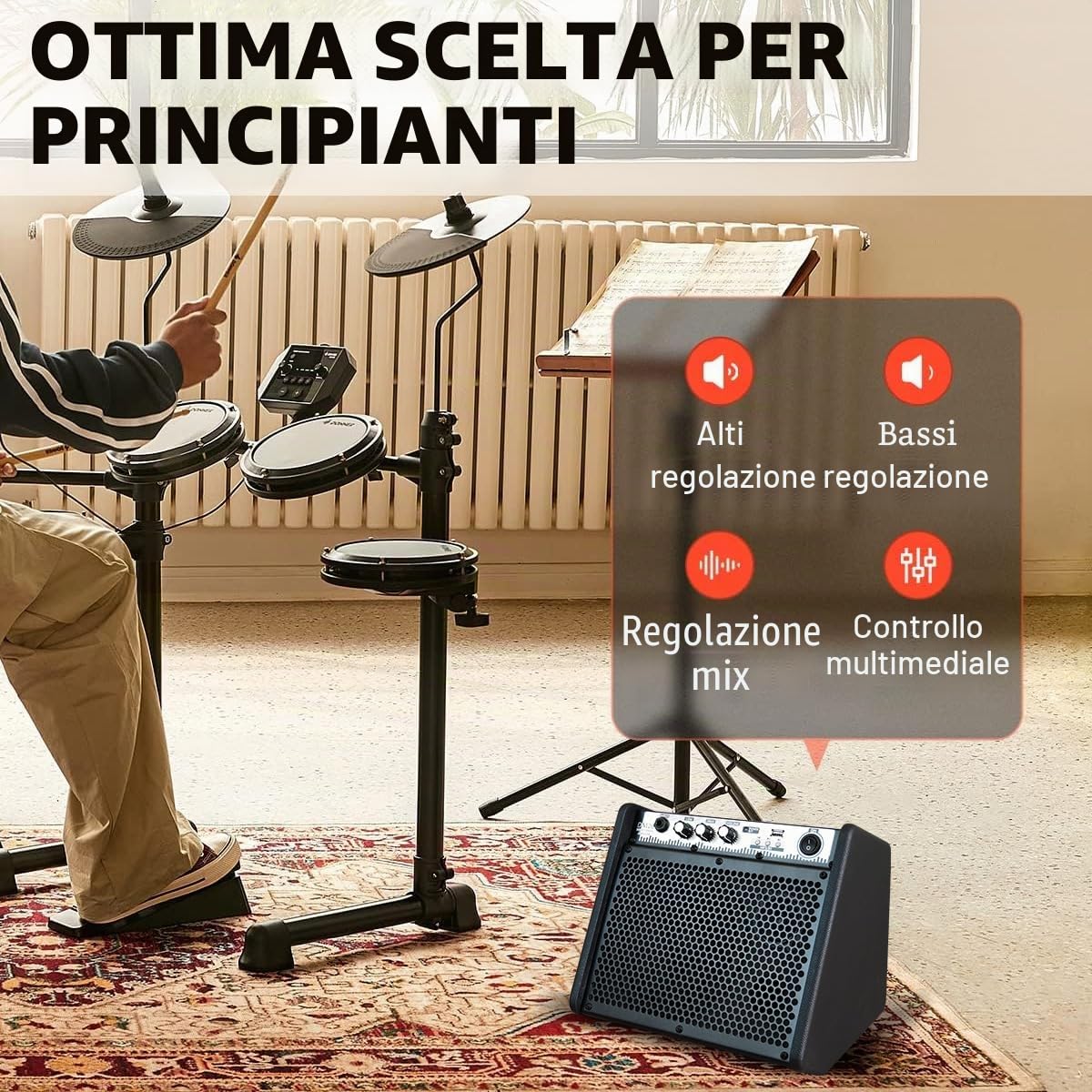 Coolmusic DM20 20W Amplificatore per monitor personale Bluetooth Amplificatore per batteria elettrica Altoparlante, tastiera e altoparlante per chitarra acustica (20W con cavo)