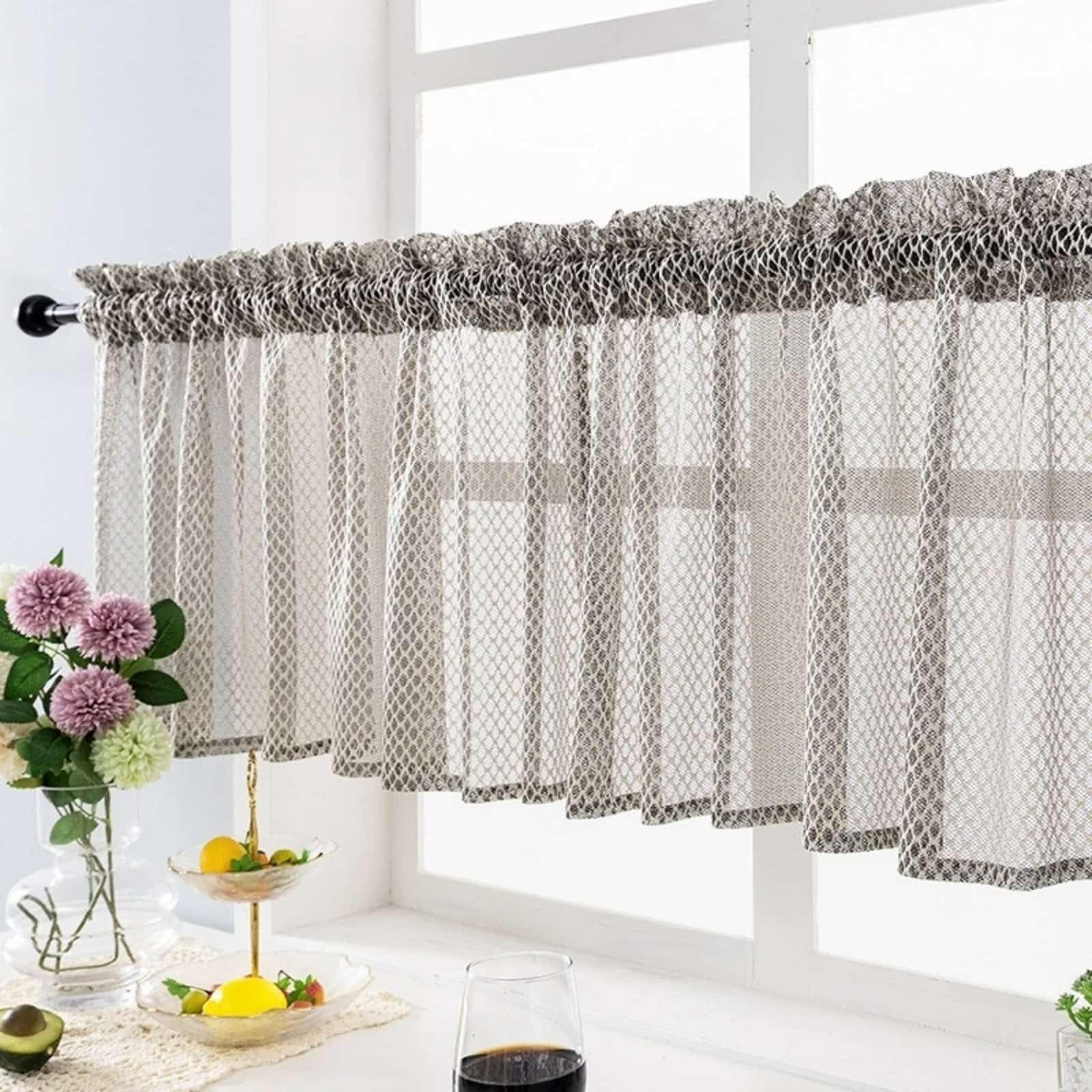 Odot Kitchen Valance Curtain, Voile Net Cafe Short Topper Curtain with Rod Pocket 1 Panel Light Filtering Topper Valance Farmhouse Country Short Drapes for Small Window (Light Brown,130x41cm)