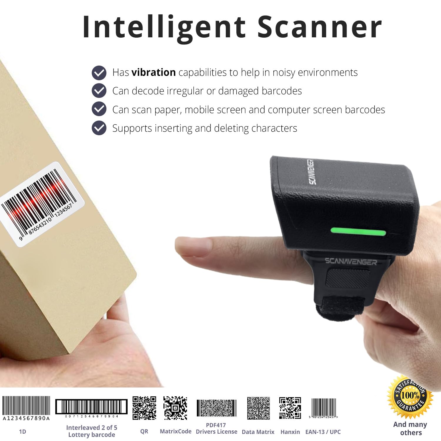 ScanAvenger Escáner de código de barras Bluetooth 1D 2D QR Ring - Mini lector de dedos inalámbrico portátil, USB y 2.4GHz, compatible con iOS, Android, Windows, para almacén, tienda e inventario