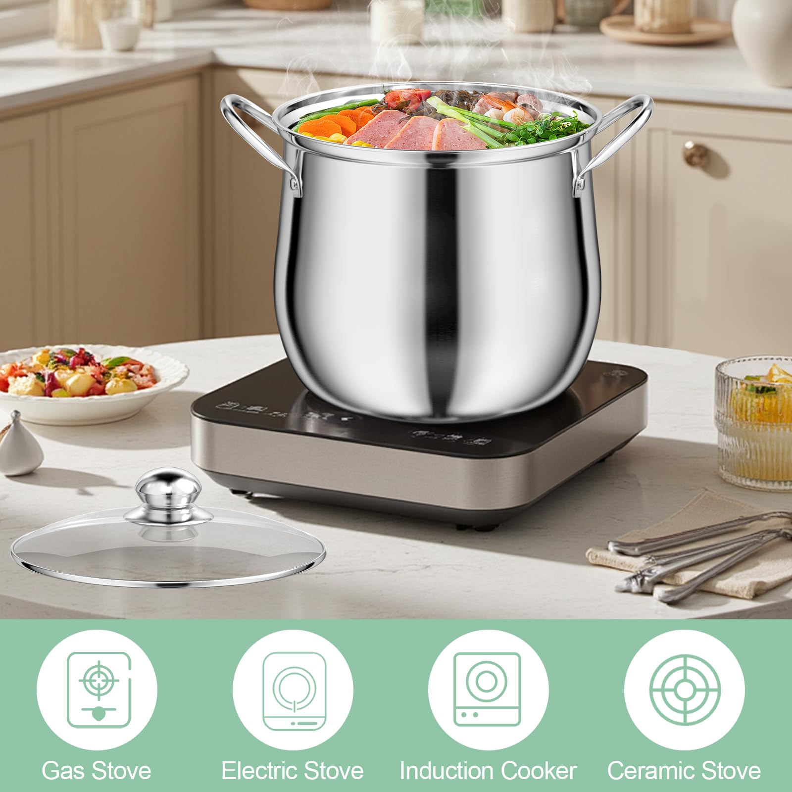 Pentola in Acciaio Inox 23,5 cm, Pentola per Pasta 7 Litri con Colino e Presina, Stockpot Capiente con Coperchio in Vetro, per Tutti i Piani Cottura, Adatta Alla Lavastoviglie