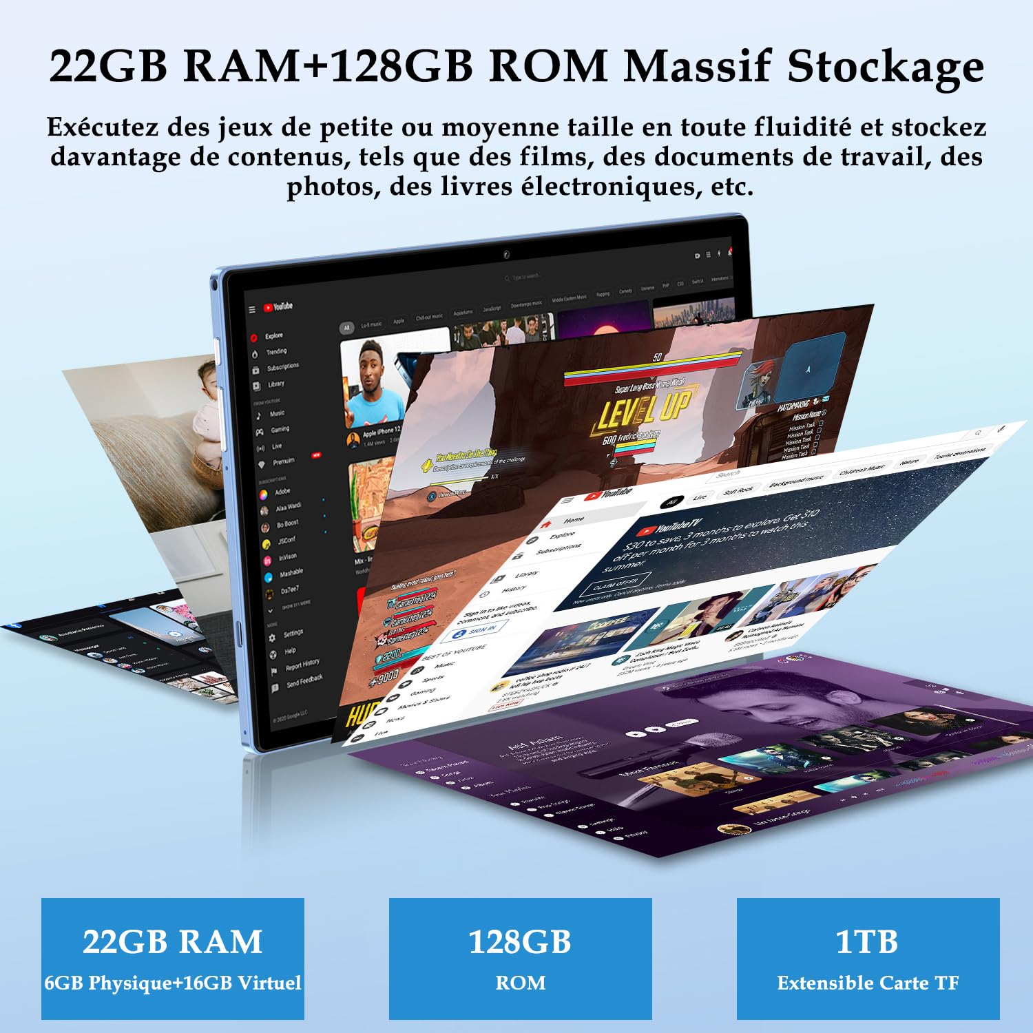 ZIOVO Android 14 Tablet 10 Pollici, 22GB RAM+128GB ROM (TF 1TB), 5G WiFi Tablets, Supporto Widevine L1/Octa-Core/8000mAh/Corpo Metallico/8+5MP, 2 in 1 Tablet PC con Tastiera e Mouse- Blu