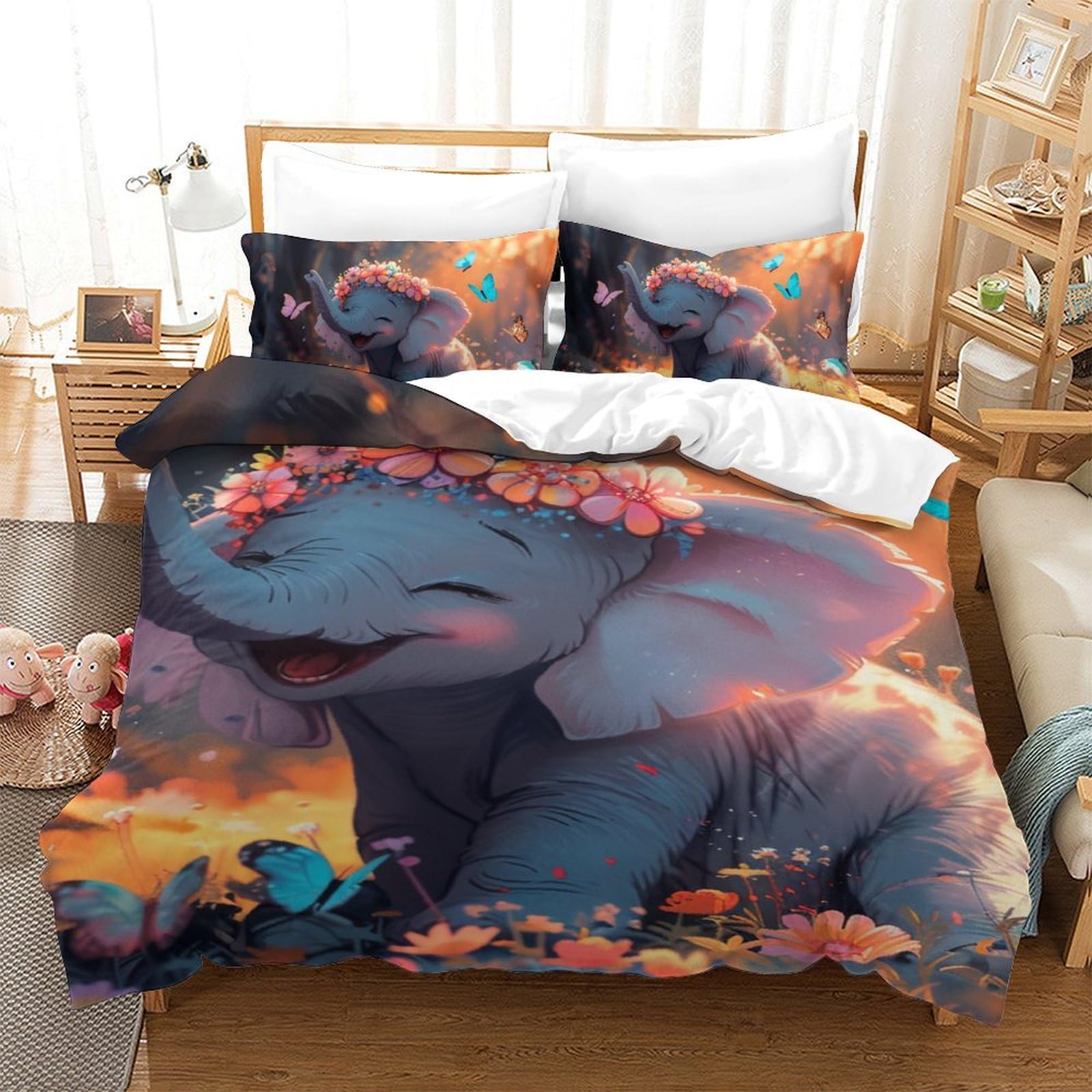 Housse de couette microfibre respirante 140x200 cm motif éléphant 3D avec taies d'oreiller enfant