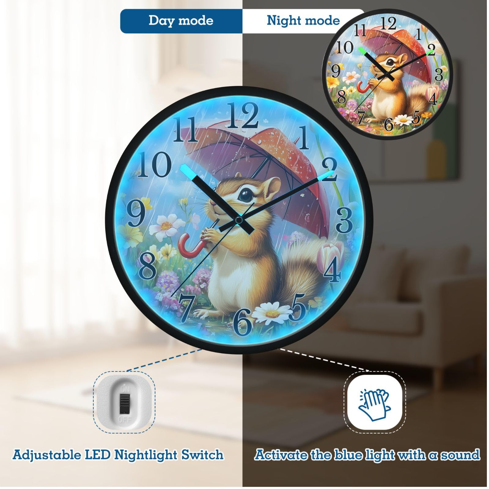 Mnsruu Reloj de pared luminoso con diseño de paraguas y flores, reloj de pared que brilla en la oscuridad, funciona con pilas, silencioso, sin tictac, luz nocturna para dormitorio