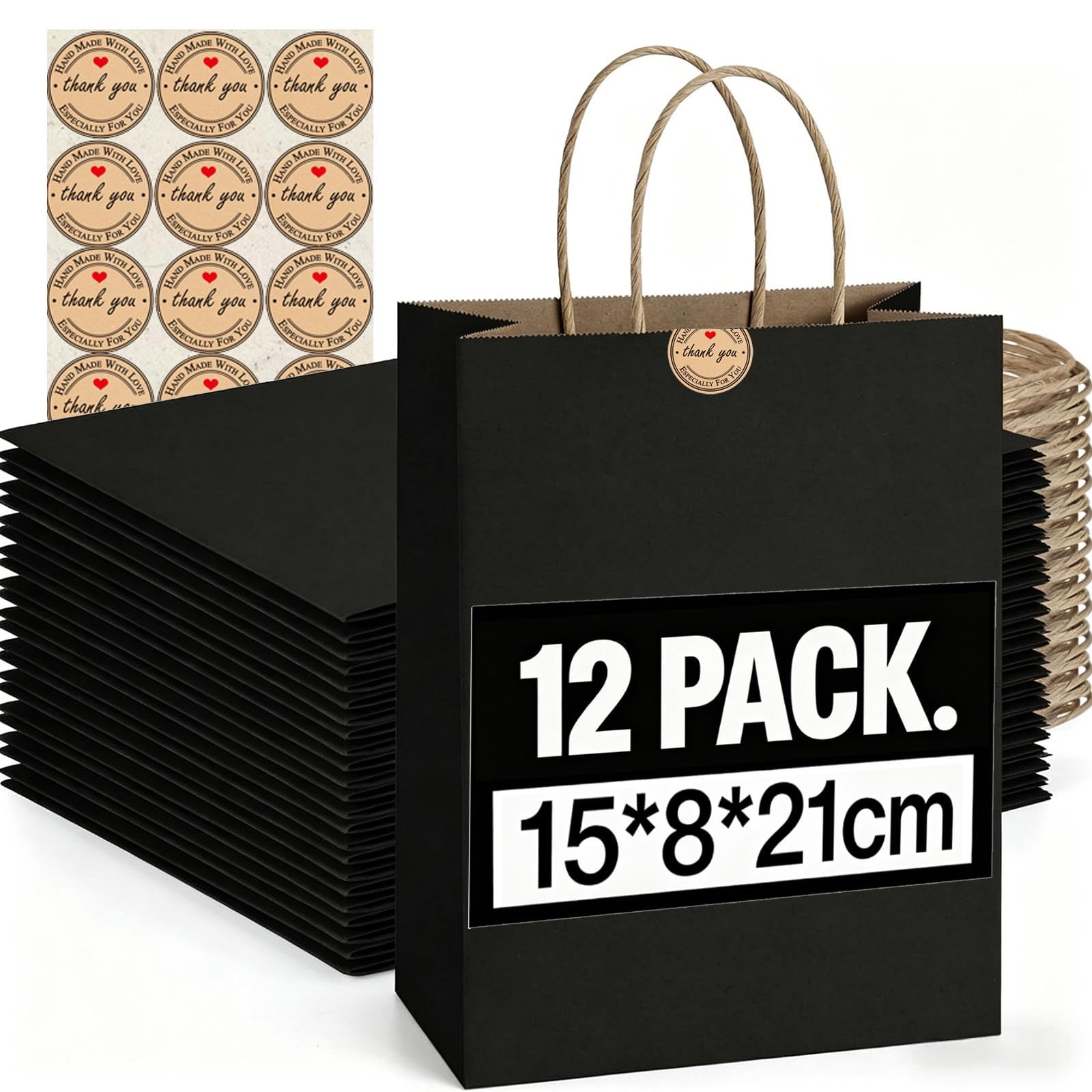 12PCS Kraft Paper Bags With Handles - Mixed Size Gift Bags for Business, Shopping, Retail, Party, Favor, Merchandise,Sacks Restaurant Takeout - 130GMS Thicken Kraft bags (Black)