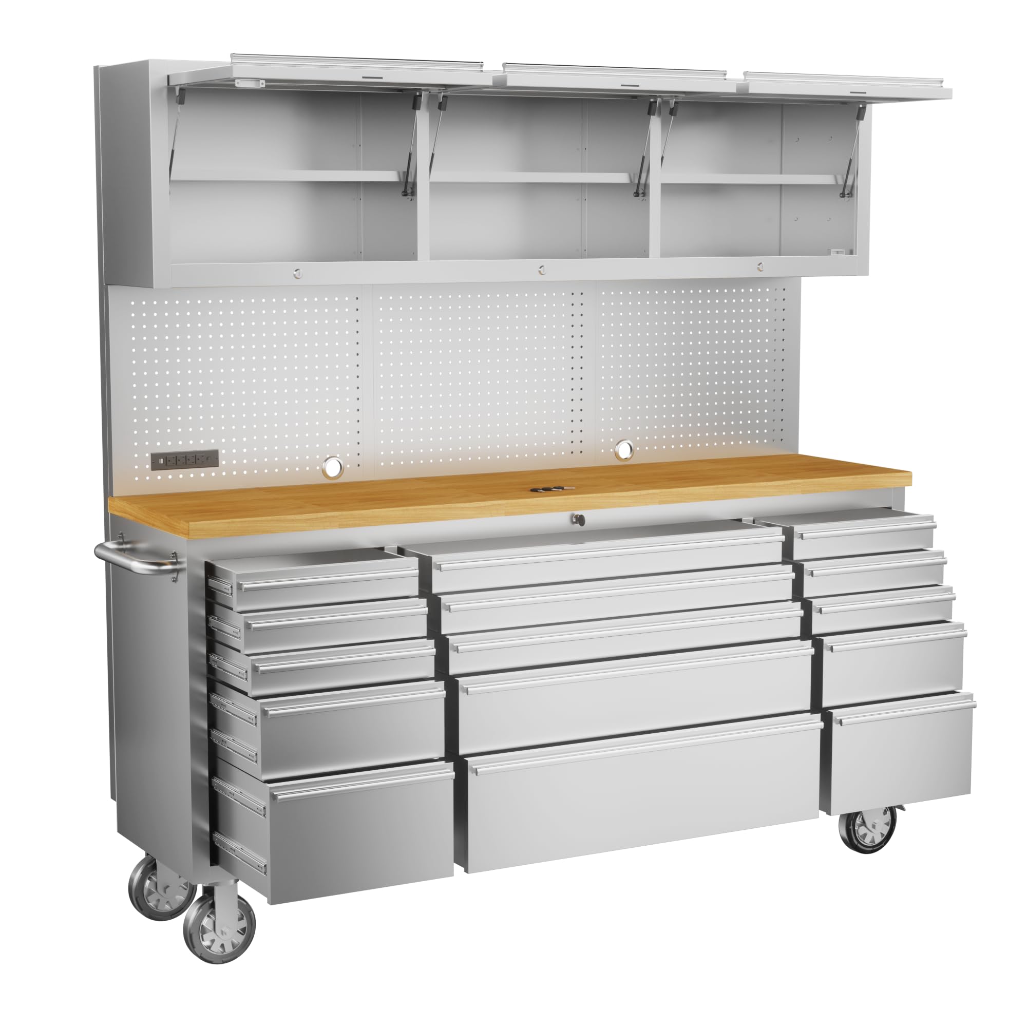 CHETTO C 72-inch Rolling Tool Chest Cabinet Mobile Workbench with 15 Storage Drawers and Wheels 3 Uper Cabinet Outlet SS Pegboard Stainless Steel Tool