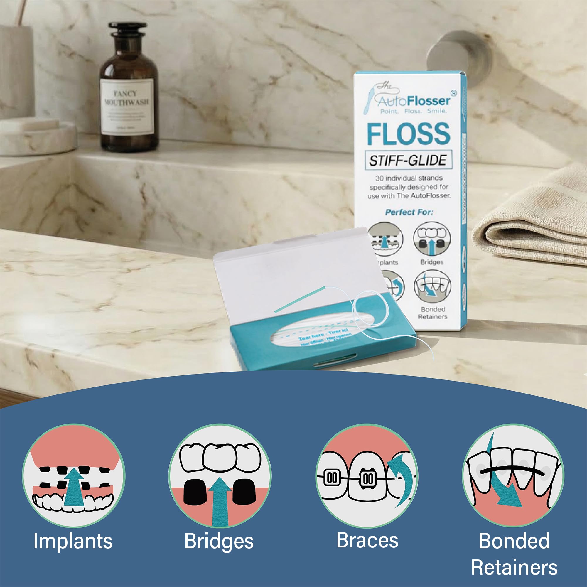 AutoFlosser - Hilo dental para implantes, puentes, aparatos ortopédicos y retenedores unidos (Stiff-Glide), 90 hebras