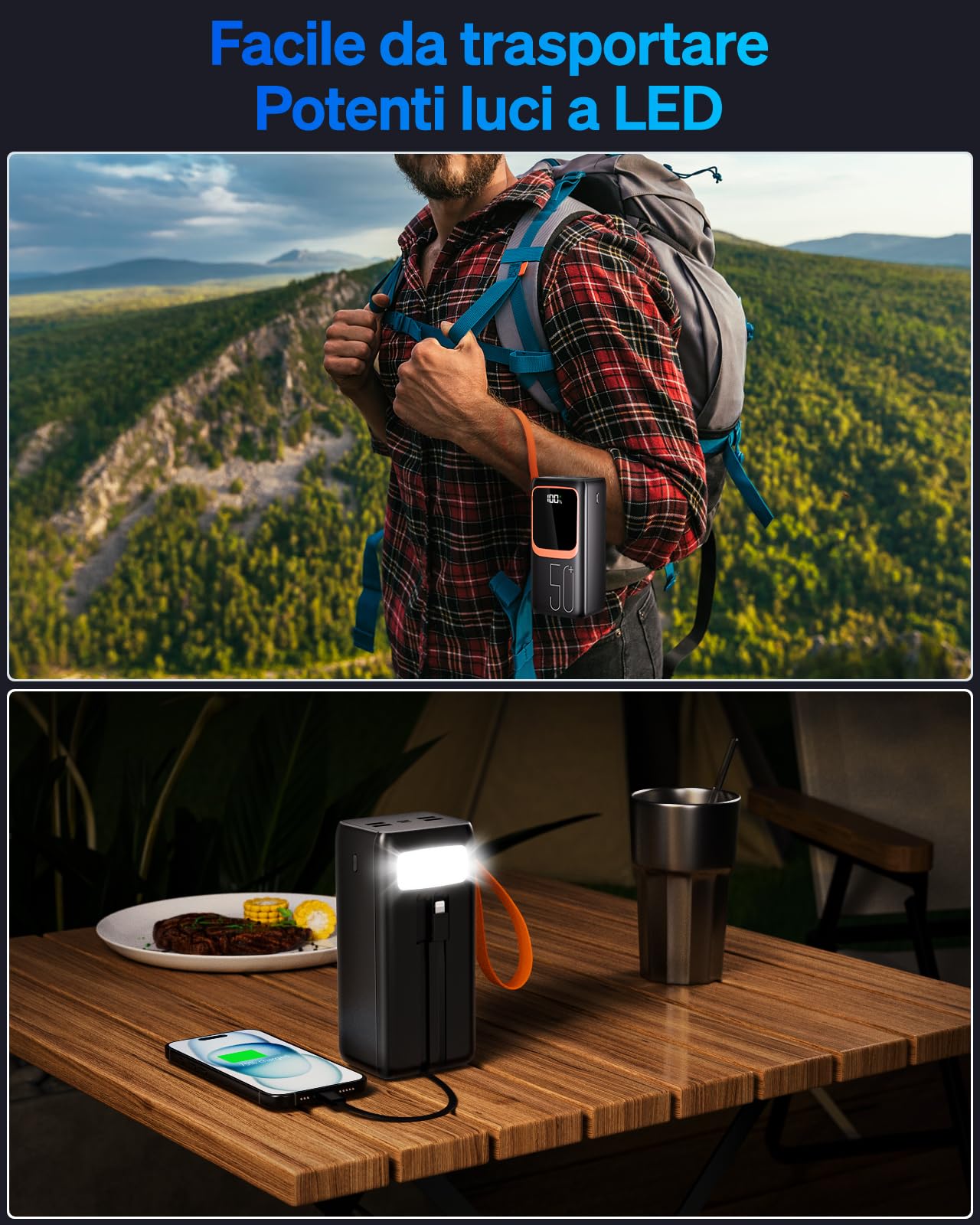 Power Bank Powelephant da 50000 mAh con cavo integrato: batteria esterna a ricarica rapida da 22,5 W con grande capacità, caricabatterie portatile con torcia LED e 7 uscite e 3 ingressi-Nero