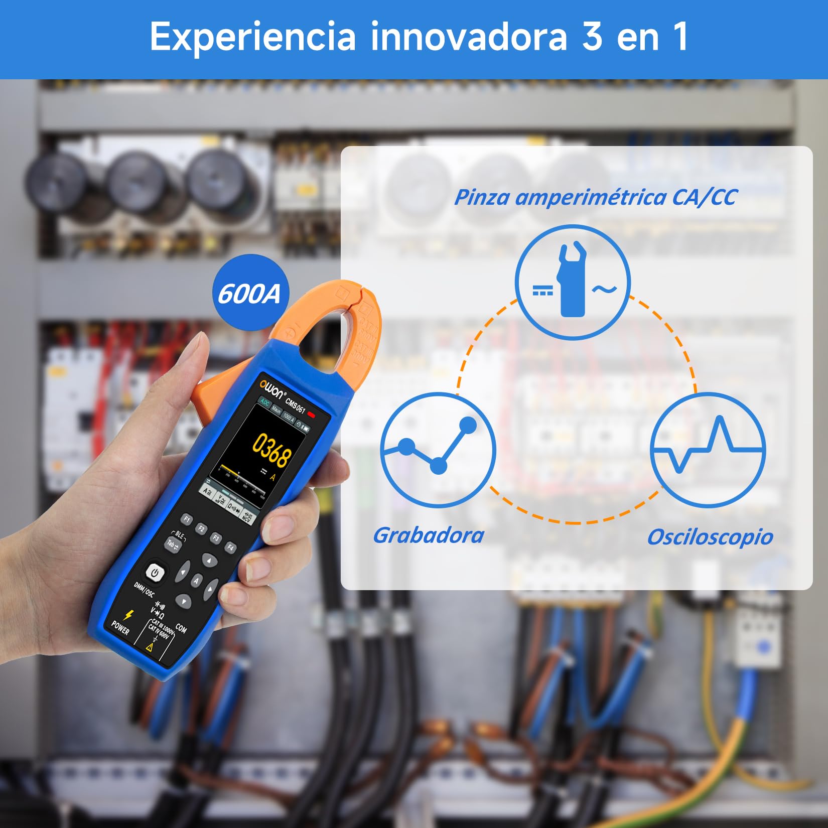 OWON CMS061 - Pinza eléctrica AC/DC 600A, función de escritor, osciloscopio 3 en 1, 20000 Count True RMS Auto-ranging, alarma, NCV, pinza de alimentación Bluetooth