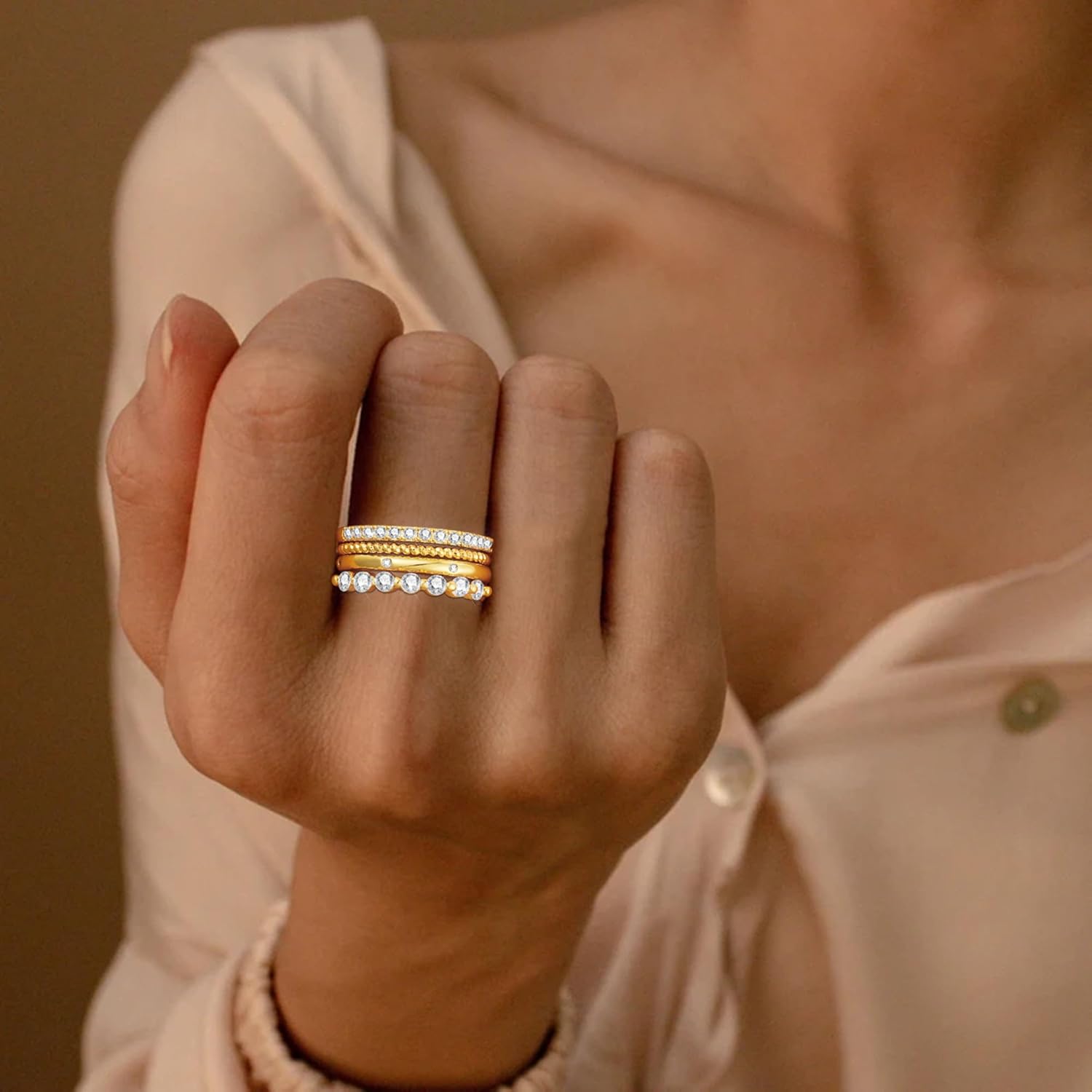 14k Gold Plated Stackable Rings for Women Non Tarnish Trendy Dainty Stacking Cubic Zirconia Thumb Ring Stack Engagement Eternity Bands Diamond Wedding Rings Set Jewelry Size 5-10 - Image 4