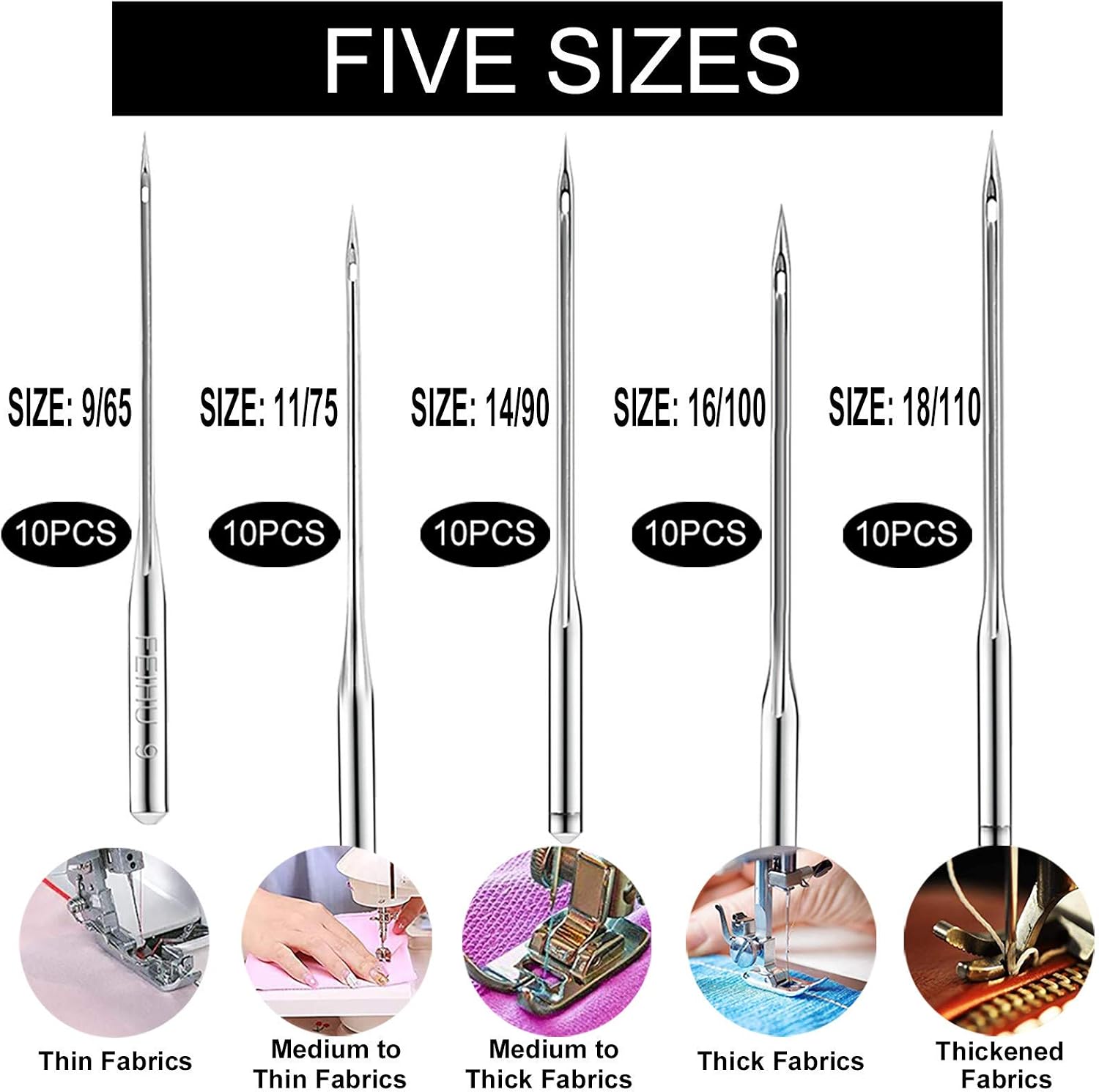 DALARAN Sewing Machine Needles, 50pcs Universal Regular Needles for Singer, Brother, Janome, Varmax, Sizes HAX1 65/9, 75/11, 90/14, 100/16, 110/18
