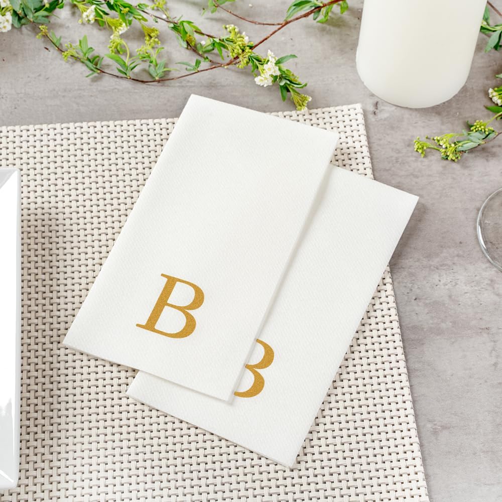 Luxenap 15.8 X 7.9 Inch Linen-Feel Guest Towels, 50 Lettered Hand Towels - Gold Letter 'B', Sans Serif Font, White Paper Dinner Napkins, airlaid, For Restrooms And Tables - Restaurantware
