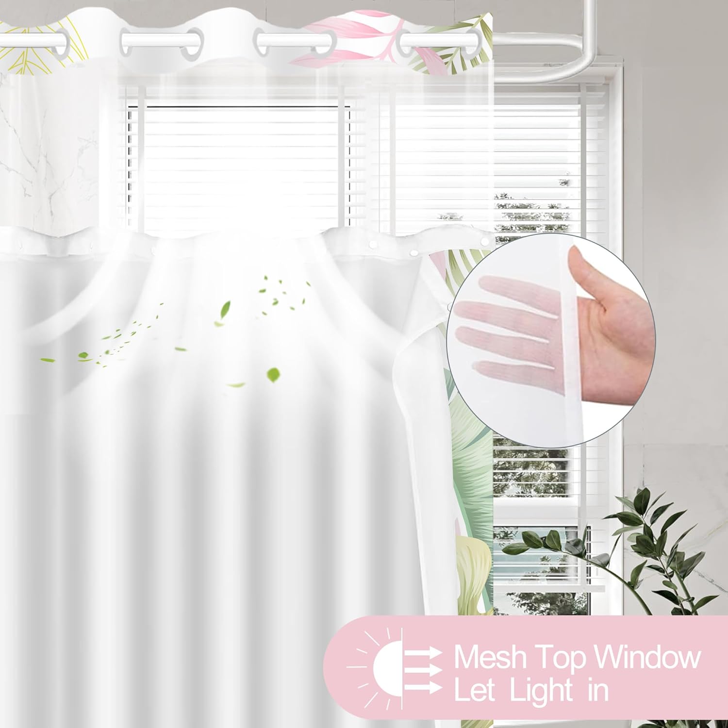 No Hook Shower Curtain with Snap in Liner, Tropical Leaf Shower Curtains and Liner Set for Bathroom, Monstera Palm Leaves Floral Fabric Bath Curtain, Waterproof Washable, Pink 71" x 74"