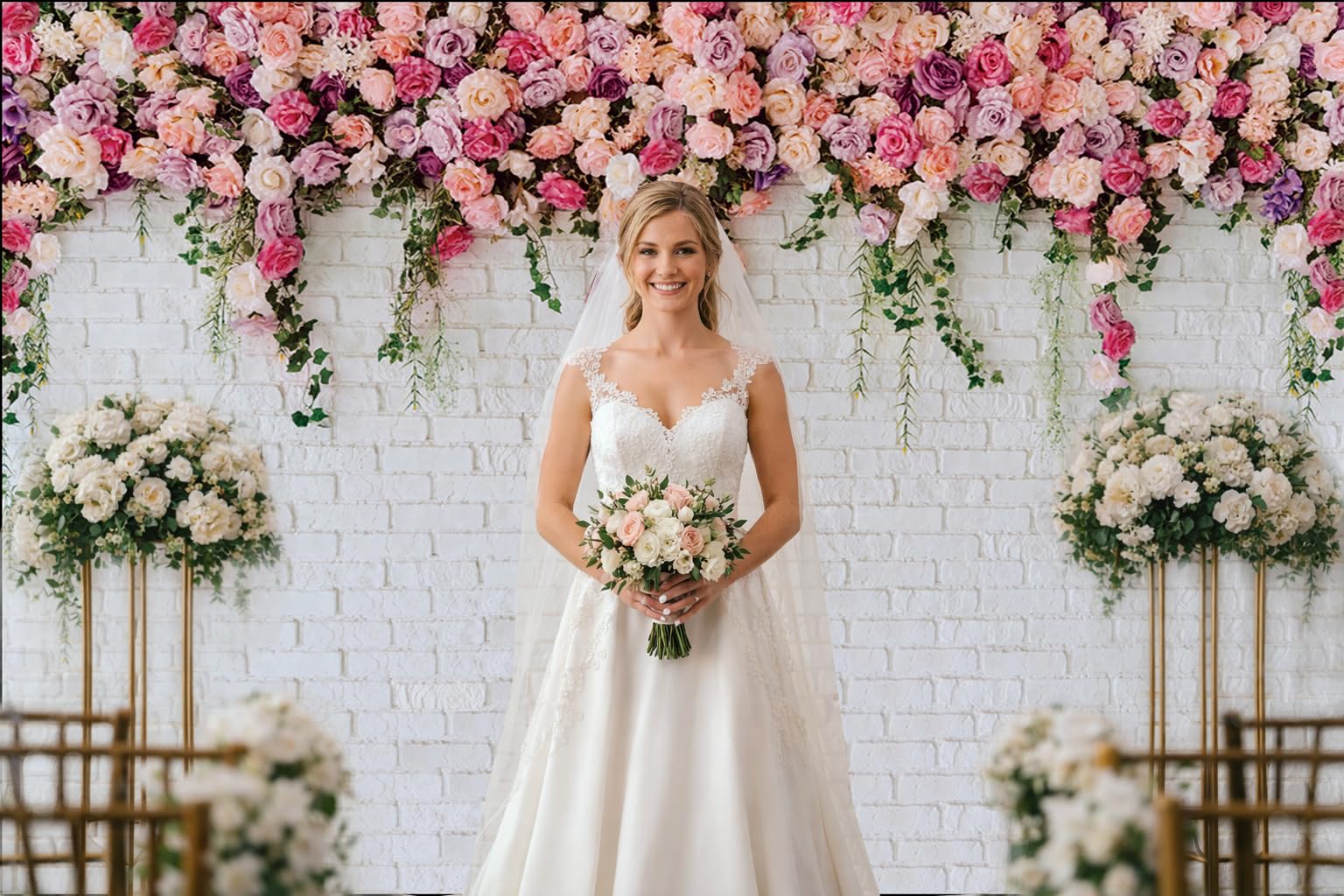 134 Fotohintergrund, 3x2.4 m, weiße Ziegelmauer, Blumen, Valentinstag, Hochzeit, Brautschmuck, Babyparty, Geburtstag, Party, Fotografie, Hintergrund, Dekoration, Fotokabine, Requisiten