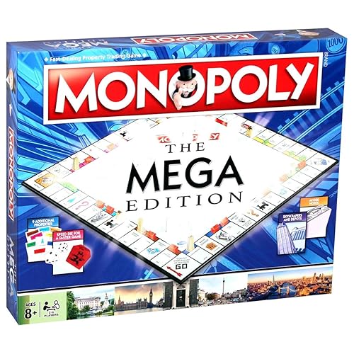Juego de Mesa Mega Monopoly de Winning Moves, 12 Espacios Extra Incluyendo Downing Street, Saville Row y Knightsbridge, Invierte en Rascacielos, para Edades 8 Plus
