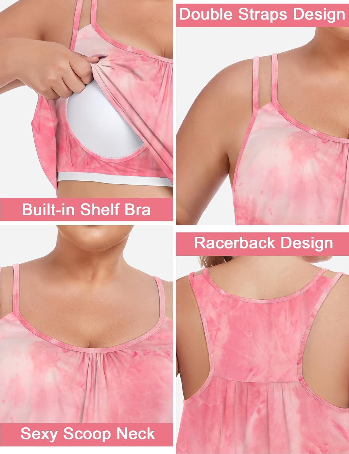 FOREYOND Women's Plus Size Tank Tops with Built in Bra Flowy Racerback Camisole Tops Casual Loose Pleated Summer Shirts