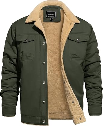 CRYSULLY Mens Winter Work Jacket Cotton Shell Fleece Lined Warm Casual Cargo Coat Outdoor Utility Jackets for Men