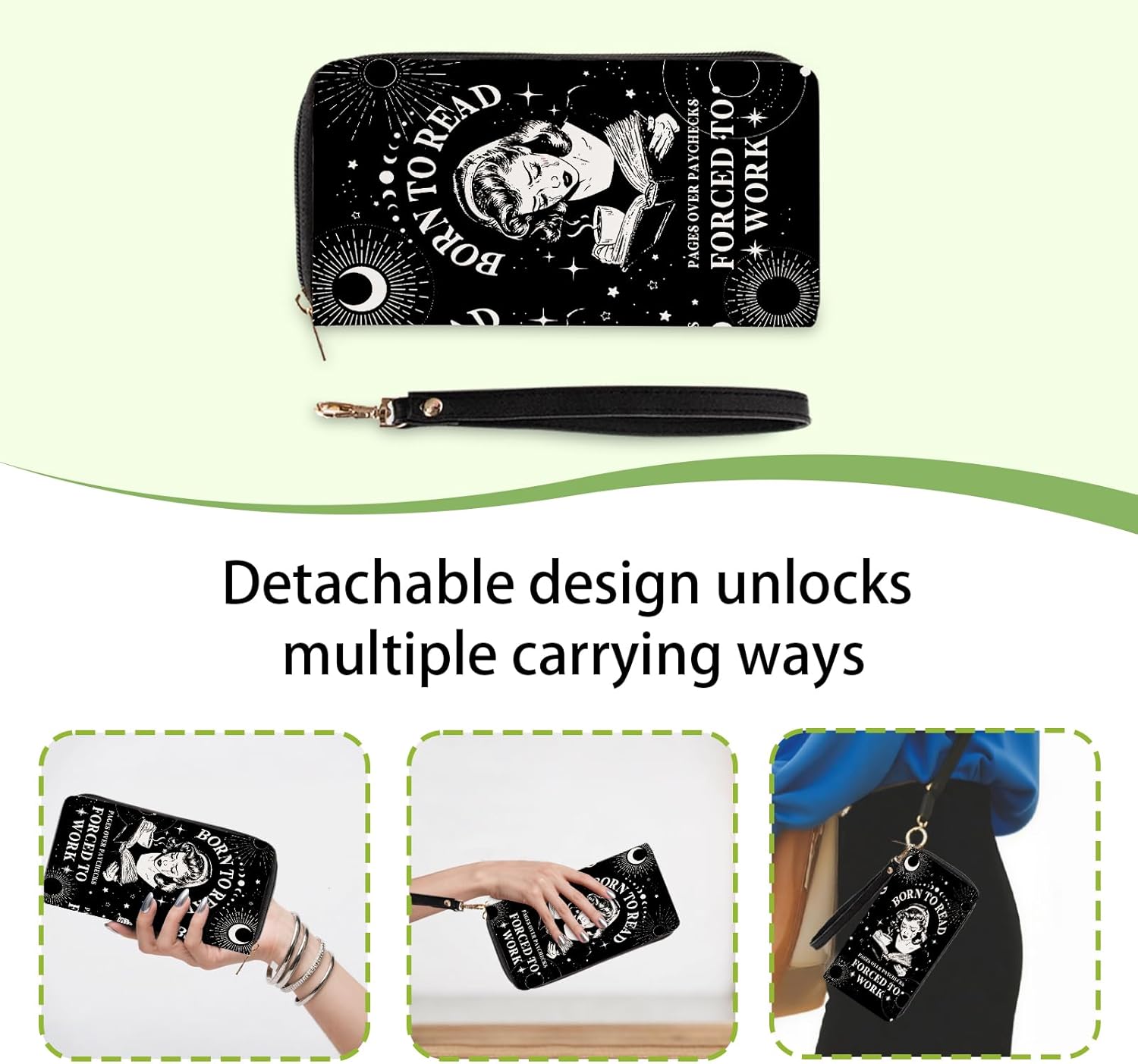 Book Lovers Gift for Womens Wallet - Slim PU Leather "BORN TO READ" Gothic Reader Wallet for Women with Zipper, Credit Card Holder Wallets, Wristlet Wallets for Female Girls Birthday(Reading Gift) - Image 5