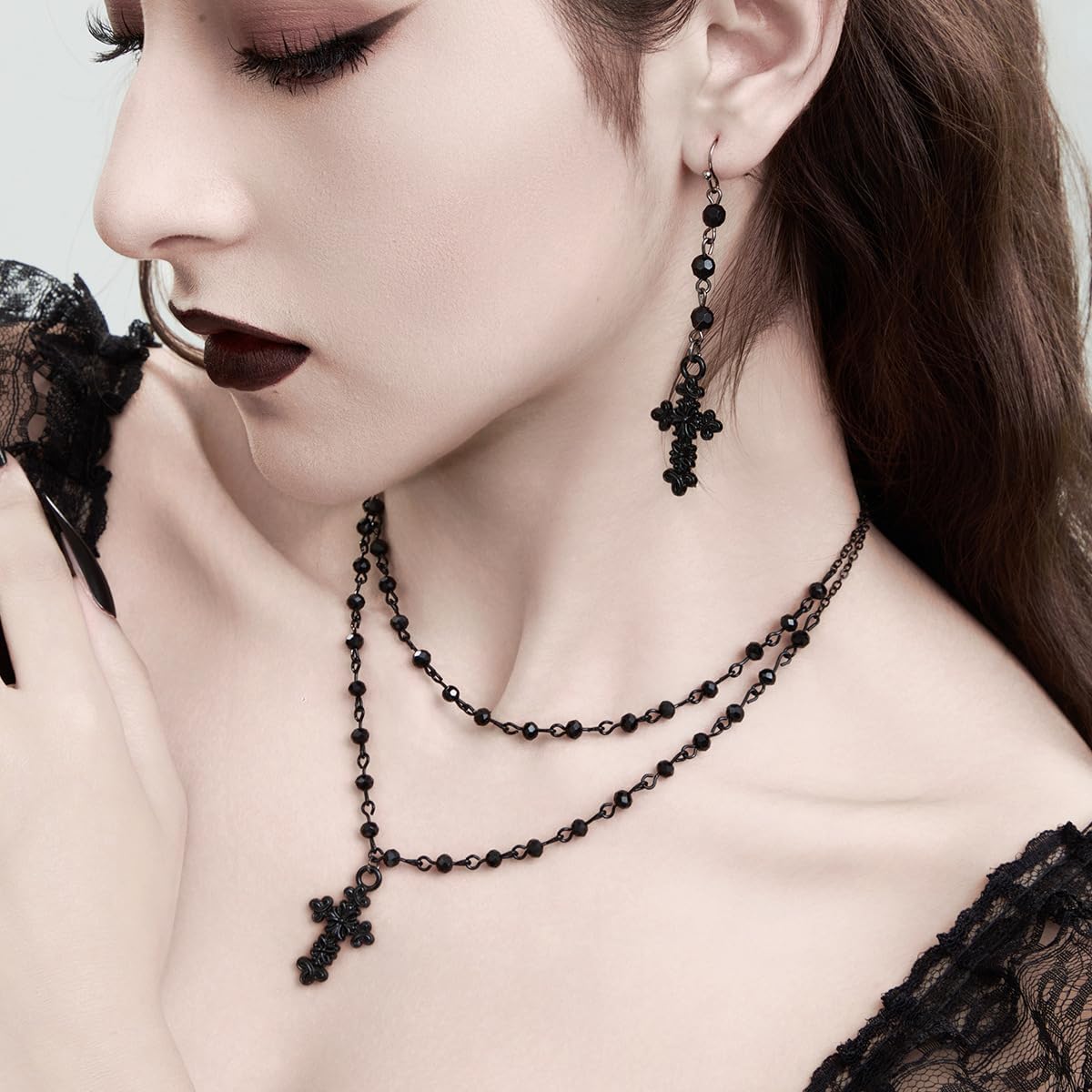 Gothic Necklace Earring Set Gothic Cross Moon Jewelry Set Punk Crystal Chain Black Cross Moon Pendant Necklace Earring for Women Halloween Vampire Jewelry - Image 2