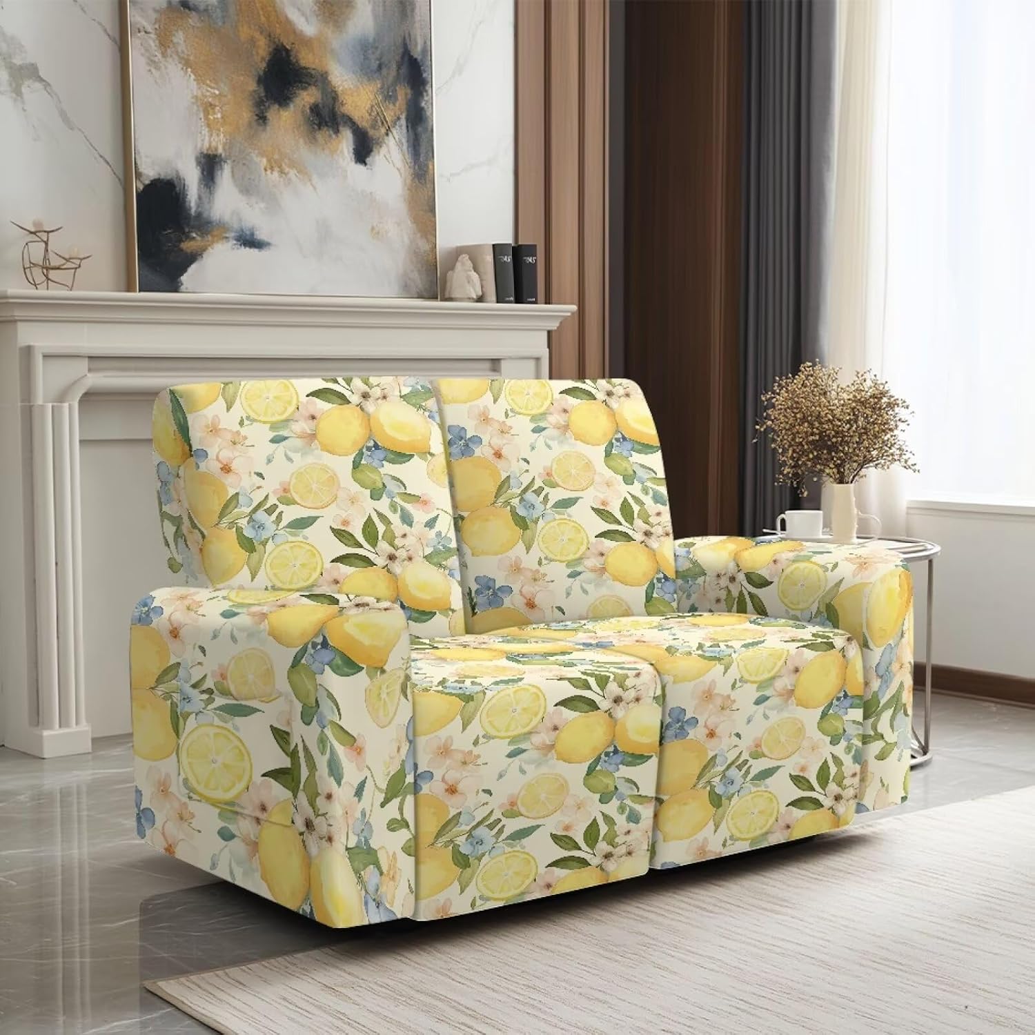 Lemon Flower Pattern Recliner Loveseat Covers 6-Pieces Breathable Reclining Sofa Covers Reusable Recliner Sofa Slipcovers with Storage Pocket