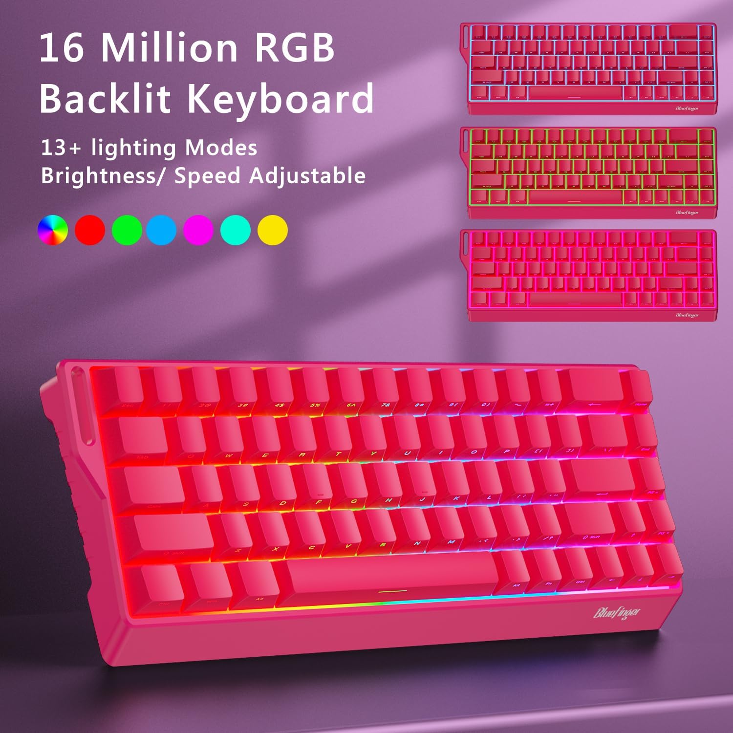 BlueFinger 60% Wireless Mechanical Gaming Keyboard, Bluetooth/2.4G/USB-C Hot Swappable RGB Backlit Keyboard with Side-Printed PBT Keycaps, for MAC Xbox PC PS5, Pink