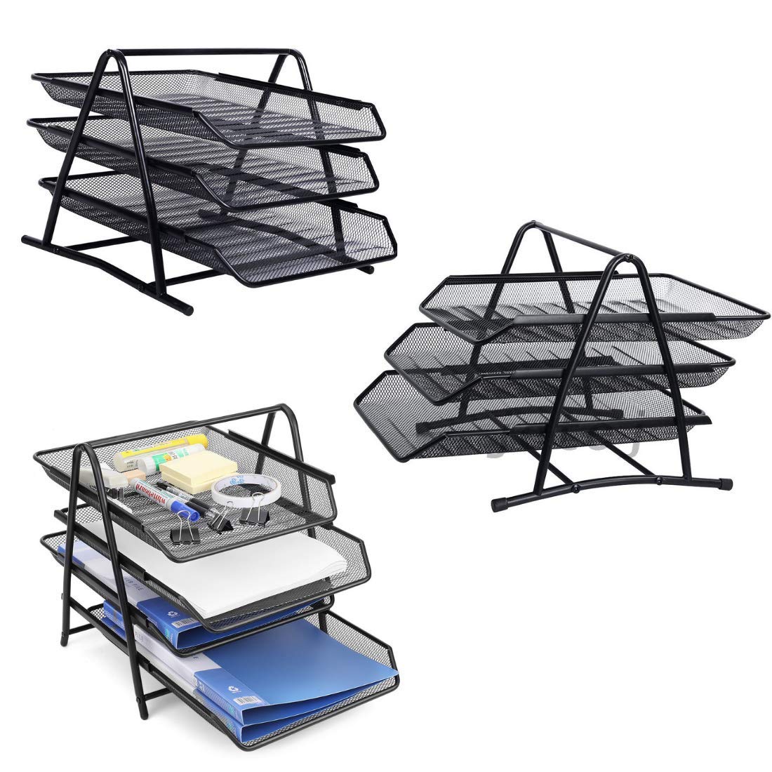VeleSolv 3-Tier File Tray Organizer, Metal Mesh File/Documents/Letters/A4 Size Files Desk Rack with slidable compartments - Black
