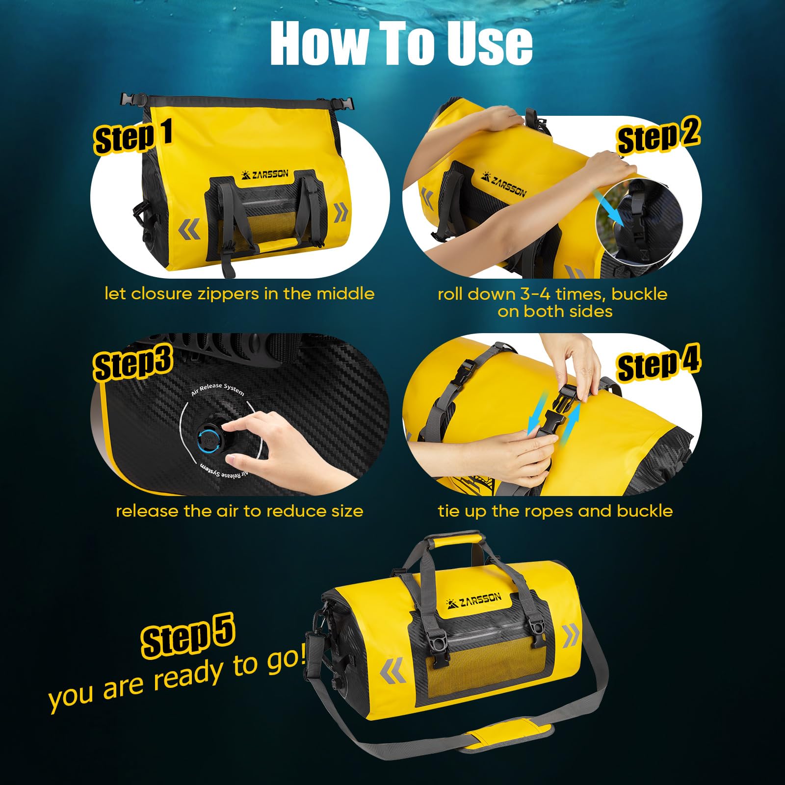 Wasserdichte Reisetasche mit Roll-Top, Reise-Wochenendtasche, 40 l/66 l, strapazierfähig, hält Ausrüstung trocken, mit Reißverschluss innen/Außentaschen und MOLLE-Schlaufen, strapazierfähige Gurte und