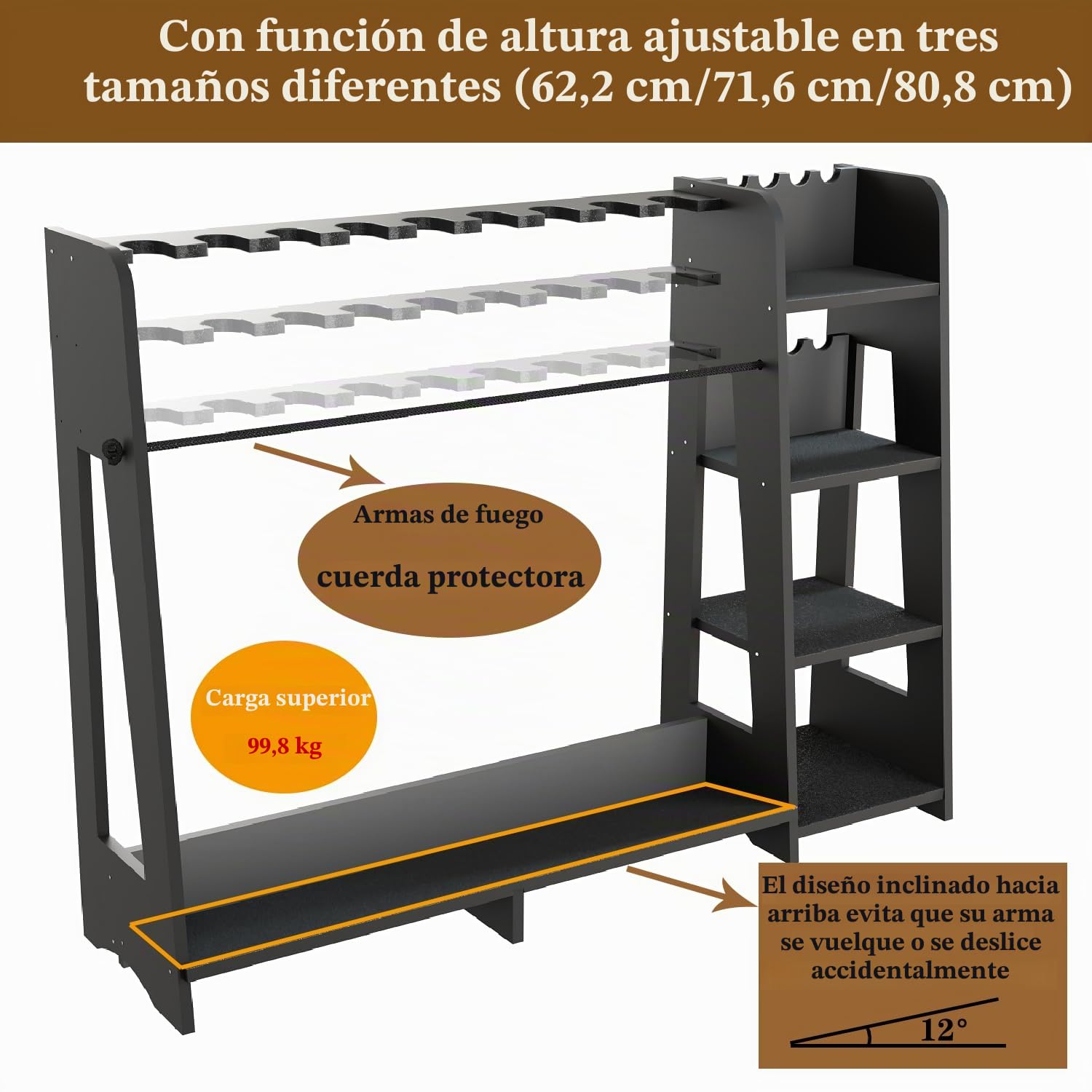 Promis - Soporte de almacenamiento para armas de fuego, soporte para escopeta de madera independiente con estantes ajustables en altura para 9 + 8 ranuras