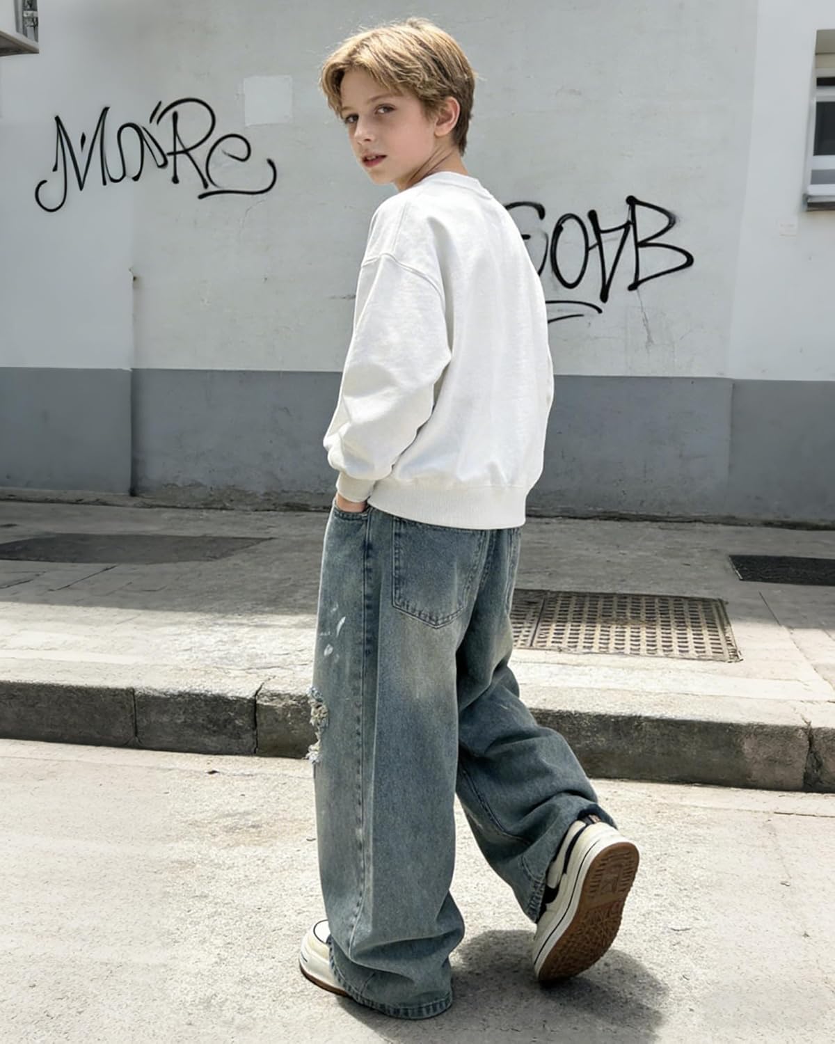 Boys Baggy Jeans Wide Leg Elastic Waist Denim Pants with Pockets Y2K Streetwear Casual Trousers for Kids 6-16 Years