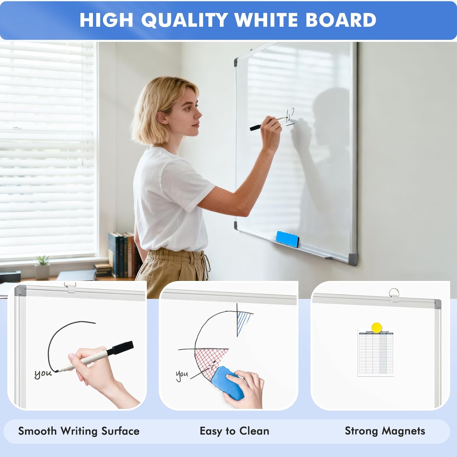 WALGLASS Double-Sided White Board, 24 x 18 Dry Erase Board Magnetic Whiteboard for Wall, Hanging Mounted Whiteboard Silver Aluminium Frame for Home, School, Office, Kitchen