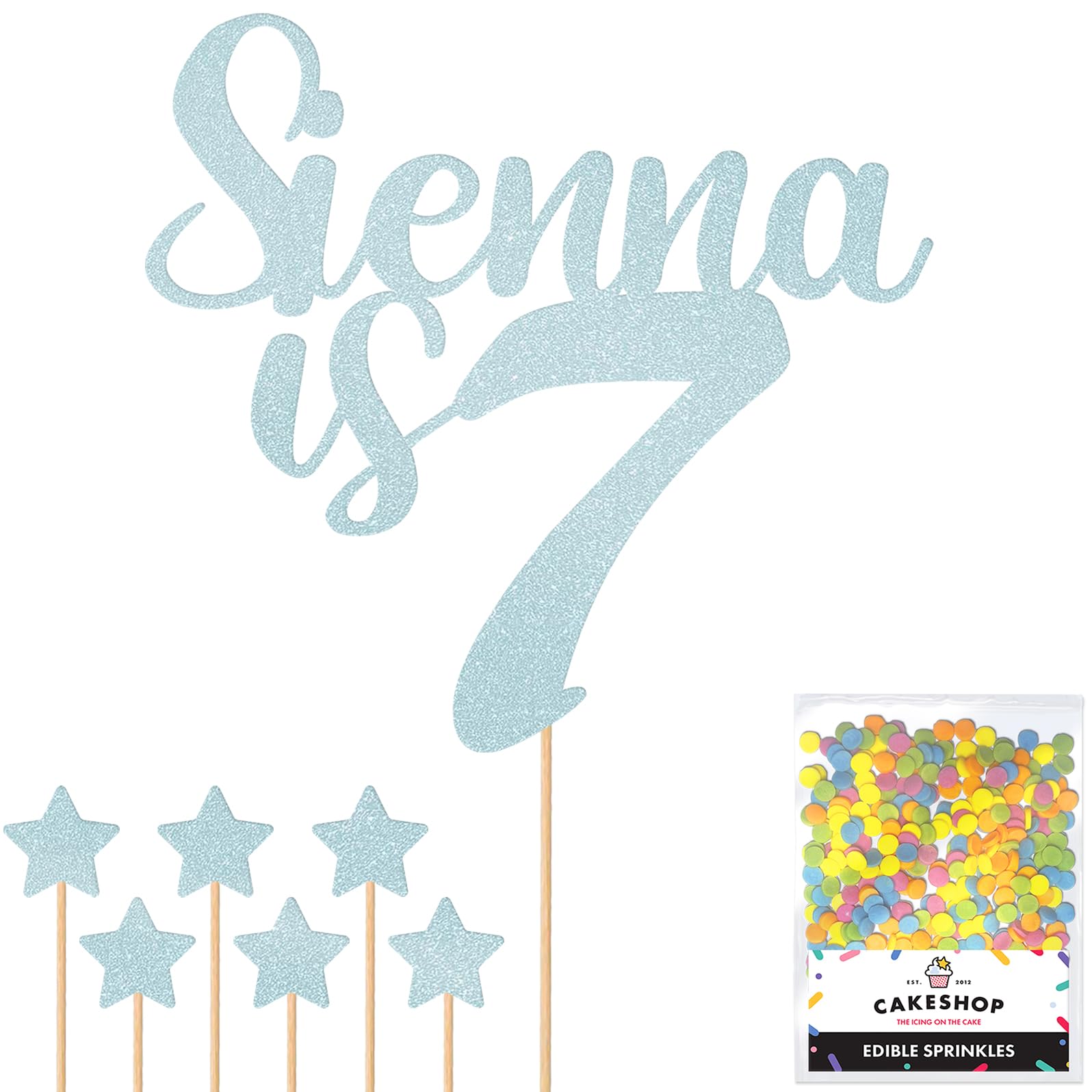 Personalised Happy Birthday Glitter Cake Topper - Light Blue Any Name & Any Age Glitter Cake Decoration and Sprinkles - Happy Birthday Decorations - Personalised Toppers for Cakes by Cakeshop
