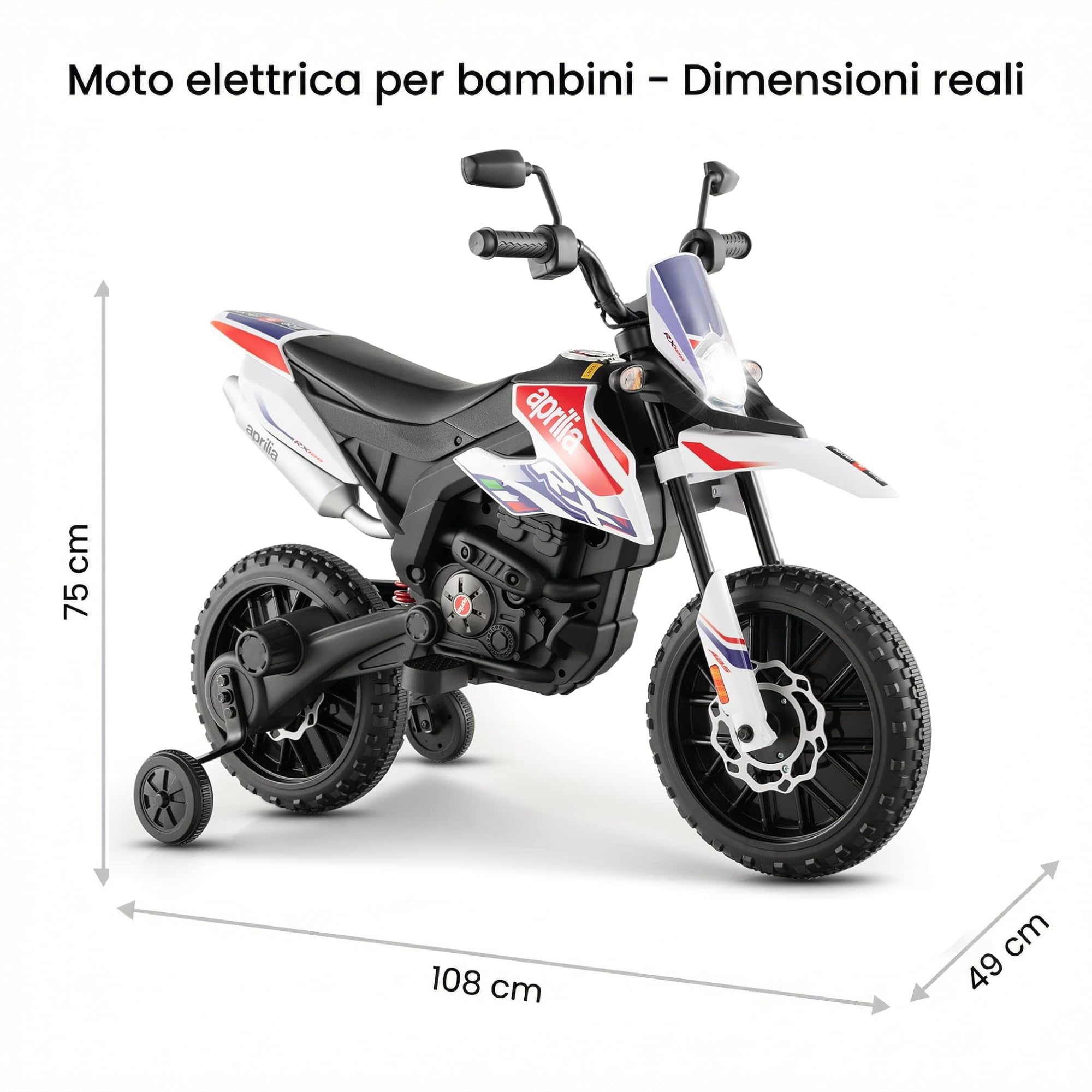 TOYSCAR Moto Elettrica Bambini Aprilia RX Mini Moto Cross SEDILI IN PELLE 3 Ruote Moto Bambini Motore Elettrico 12V Moto Per Bambini 1-4 Anni Luci Led BLUETOOTH Sospensioni A Molla