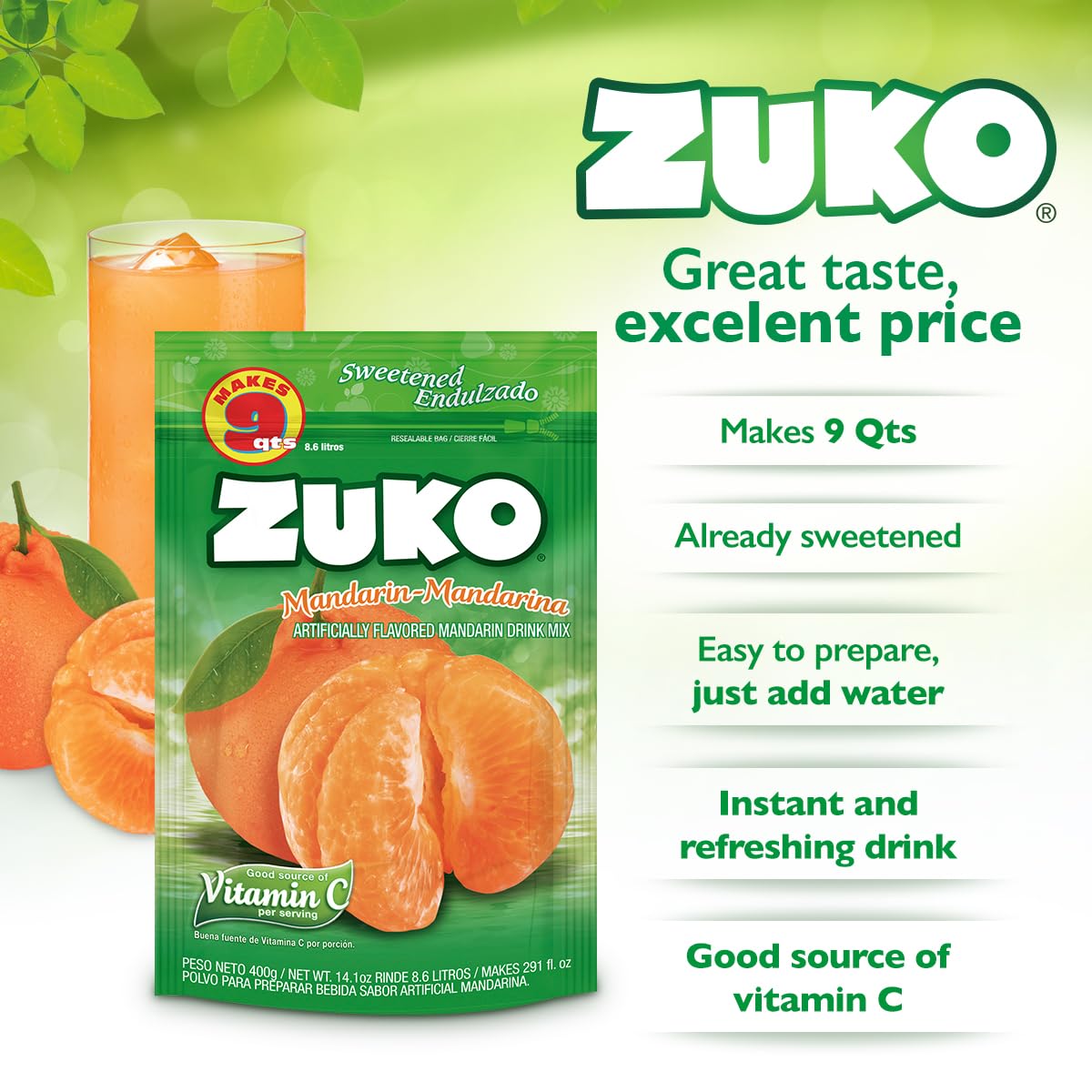 Zuko Mandarin Powdered Drink Mix Family Pack, No Added Sugar Needed, 14.1 oz (Pack of 6)