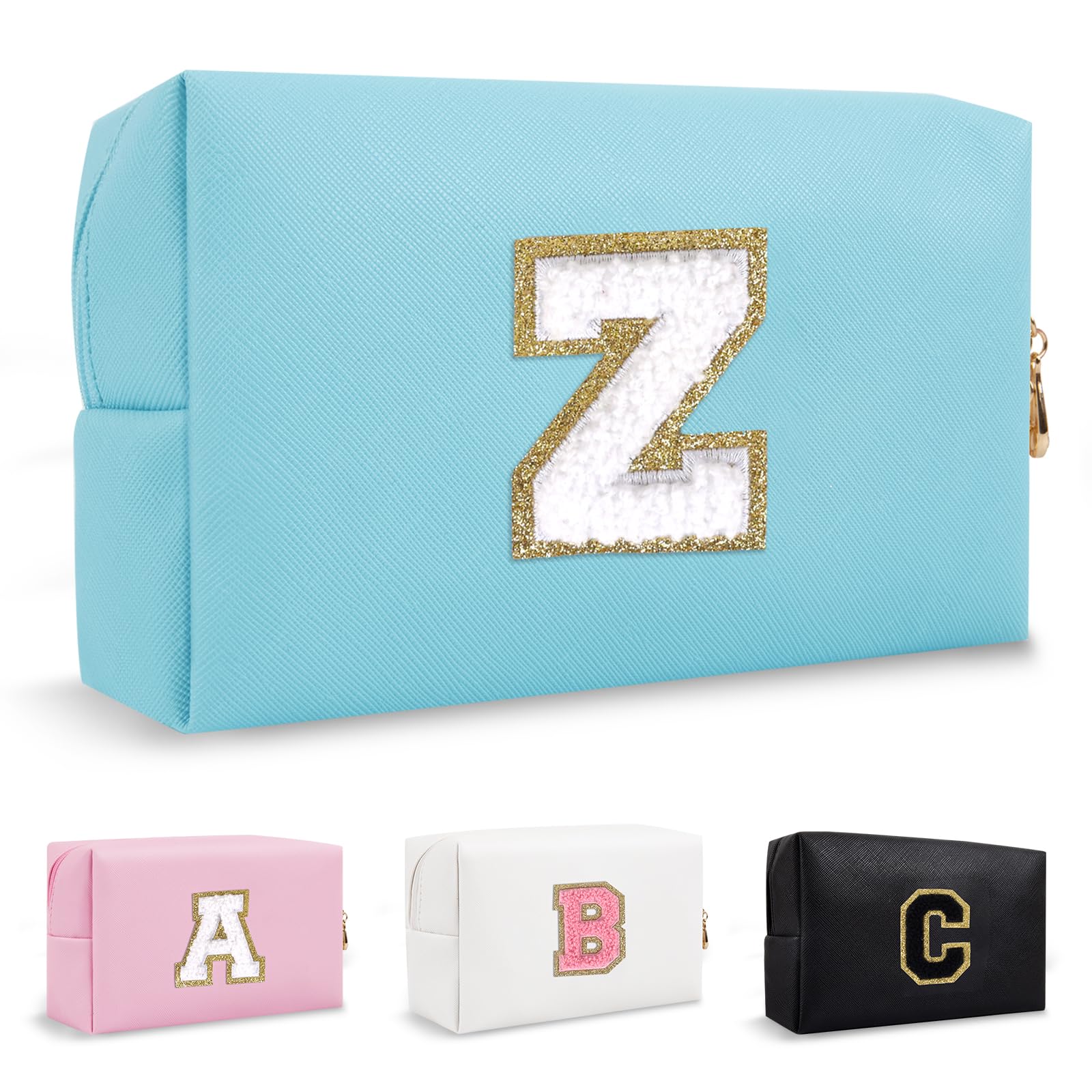 Small Initial Preppy Makeup Bag, Personalized Cute Blue Cosmetic Organizer Chenille Letter Travel Toiletry Zipper Pouch for Purse, Waterproof PU Make
