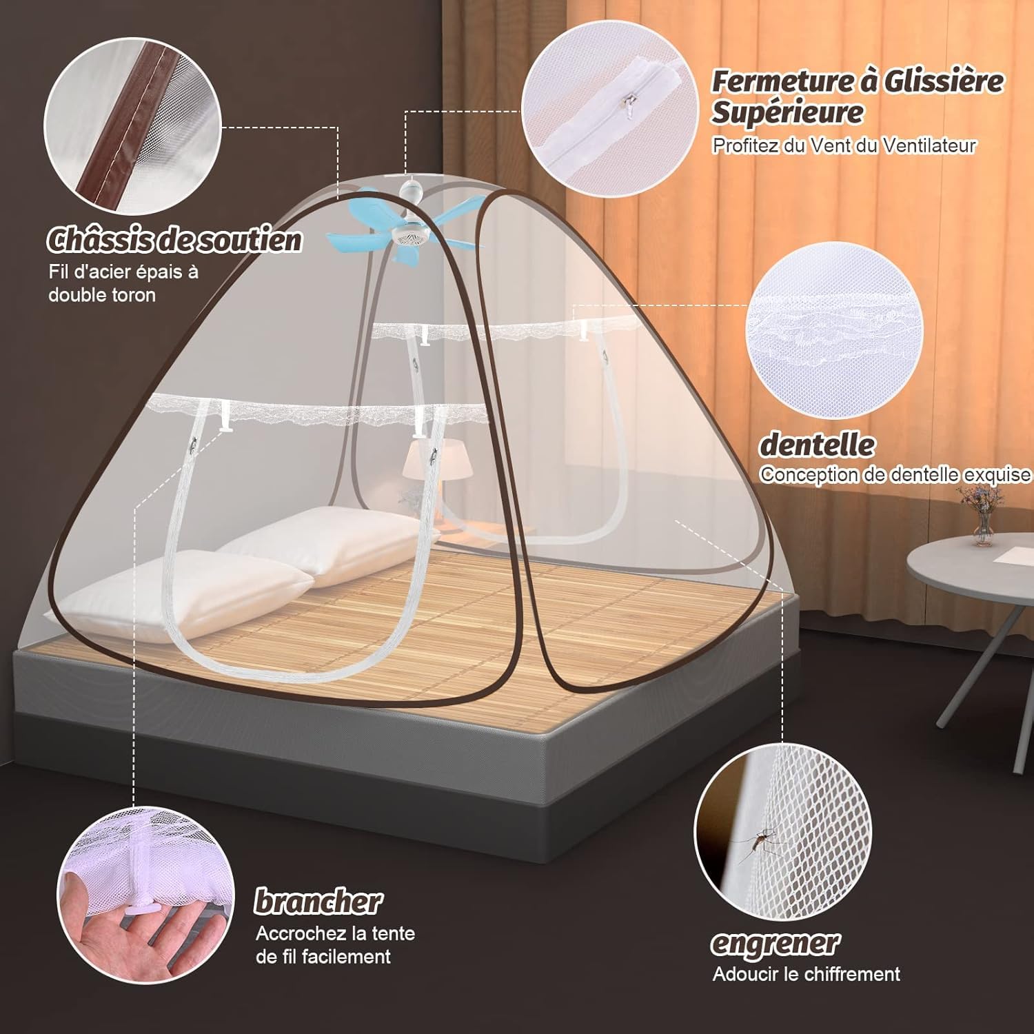 Faburo Moustiquaire de Lit Pliable 1,5m x 2m x 1,5m, Dôme Portable avec Double Fermeture Éclair, Tente Anti-Moustiques pour Camping et Voyage