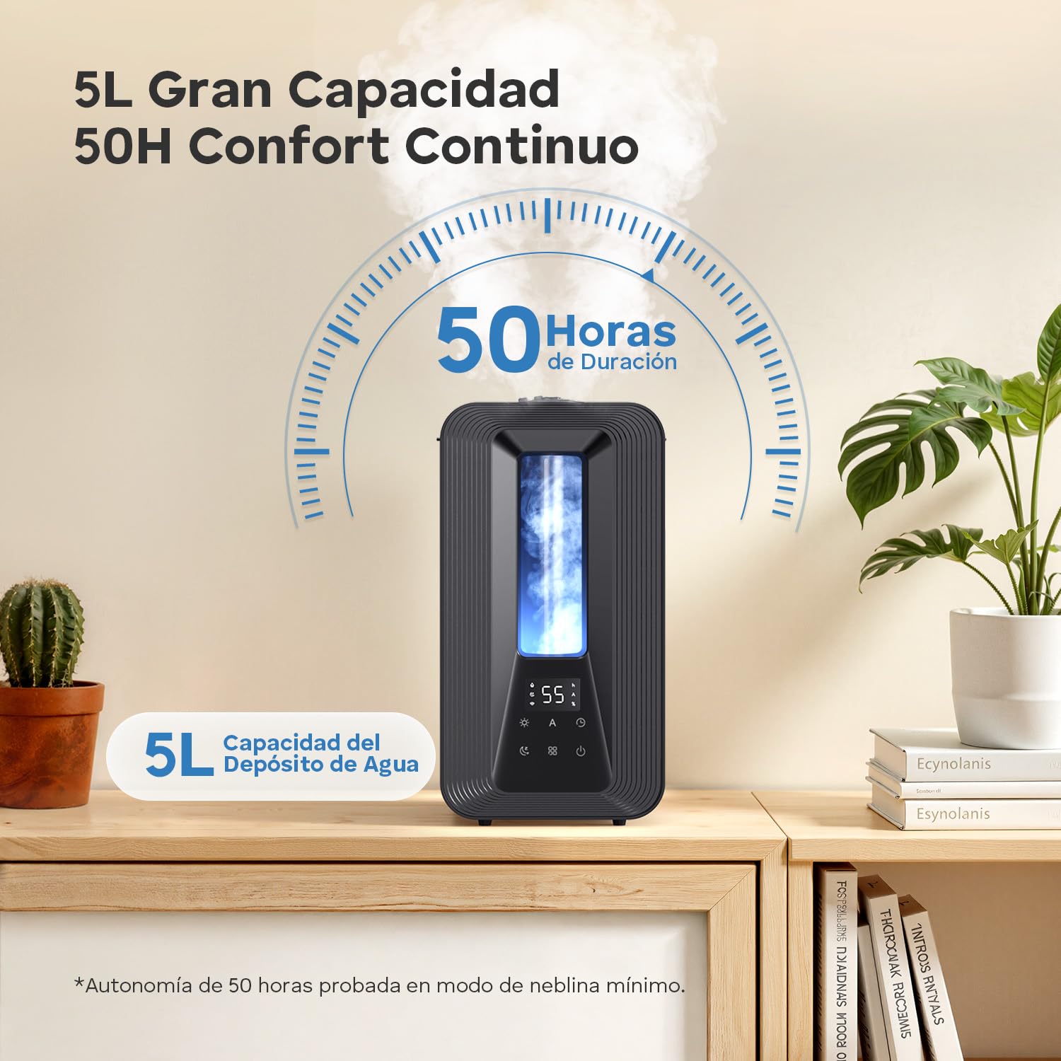 AROEVE Humidificador Ultrasónico 5L Niebla Fría con Higrostato Inteligente, 50H Duración, 25dB Silencioso