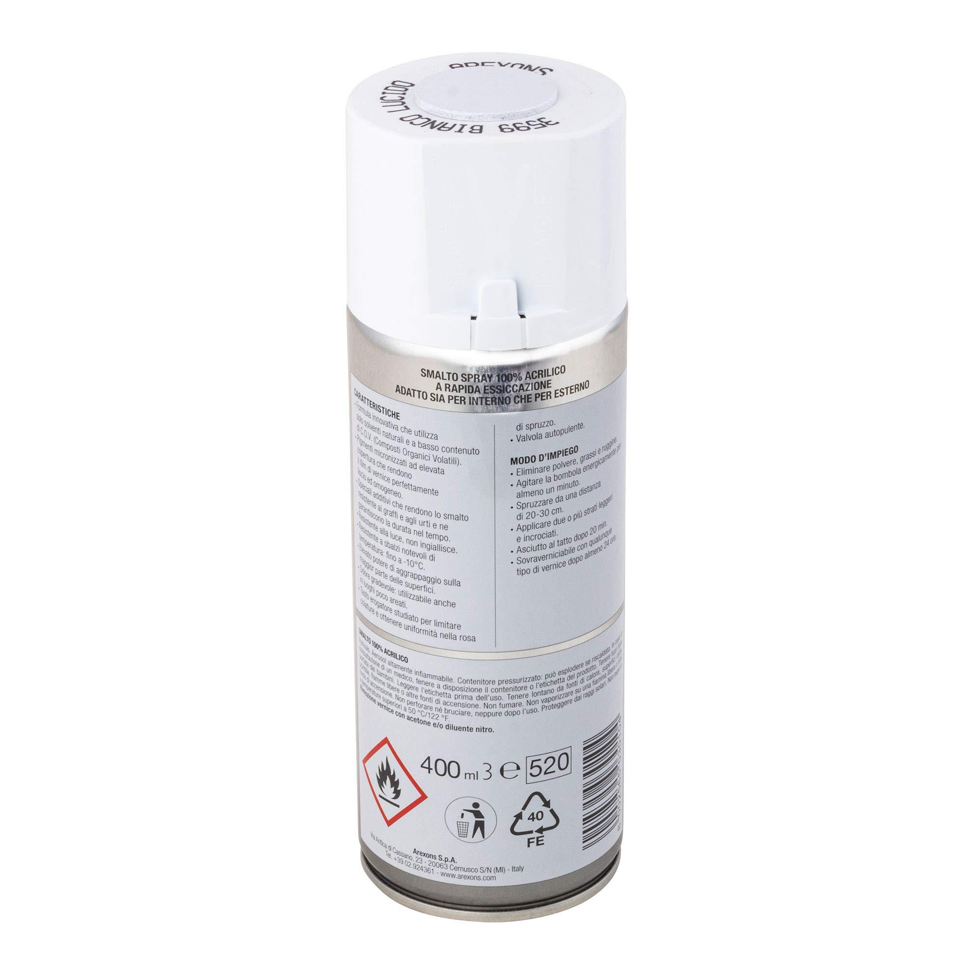 AREXONS | Smalto 100% Acrilico Smalto spray, Vernice Colore Bianco Lucido 400 ml, Spray Universale, Smalto Acrilico Resine di Alta Qualità, Essiccazione Rapida, Bomboletta Spray, Uso Facile
