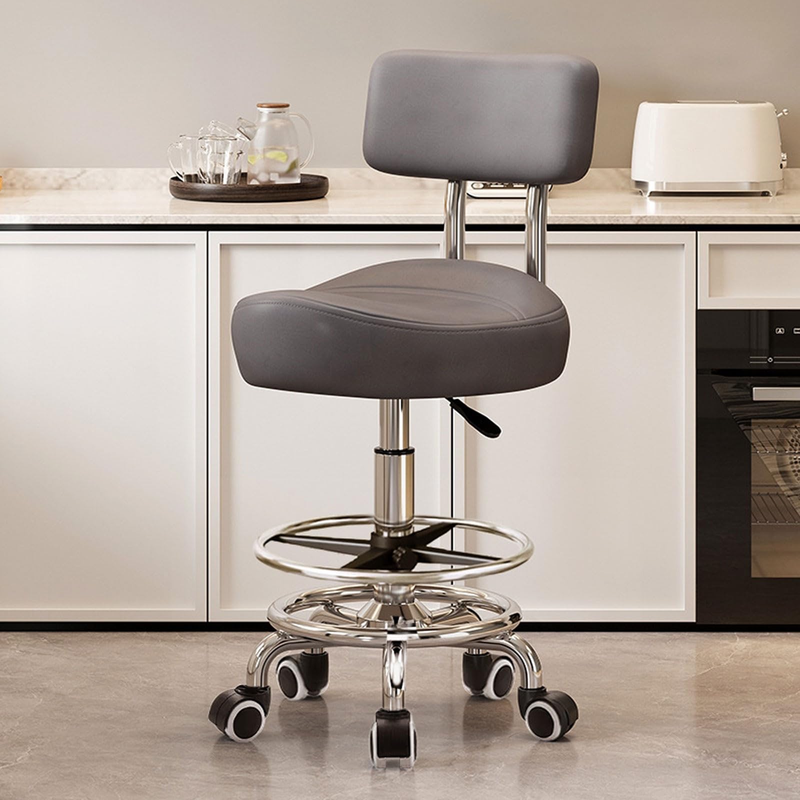 Drehhocker Mit Rückenlehne Rollhocker Höhenverstellbar Werkstatthocker Mit Rollen Ergonomischer Verdickter PU-Leder-Drehsattelstuhl Für Salon Spa Massage Klinik(Gray)