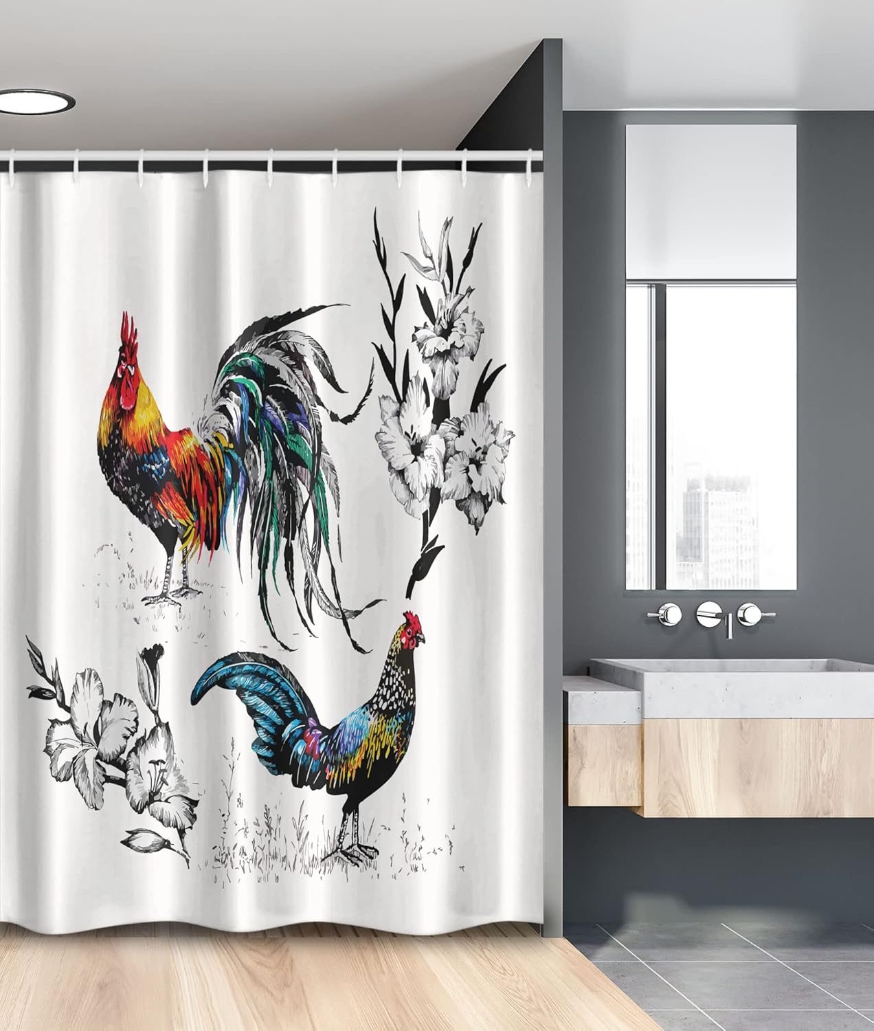 Ambesonne Gallus Stall Shower Curtain, Roosters and Flowers Branches Stems Blooms Blossoms Grasses Wildflowers Artwork, Fabric Bathroom Decor Set with Hooks, 36" W x 72" L, Multicolor