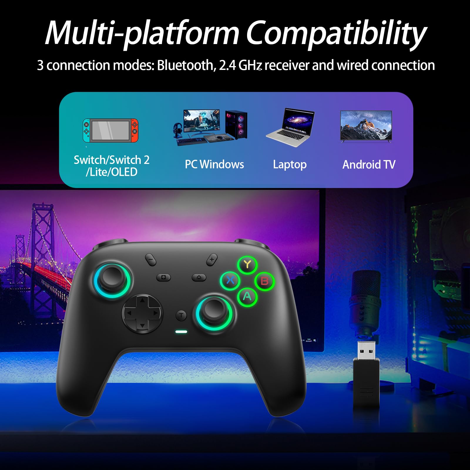 DoJoZone Mando PC, PC Mandos Inalámbrico con Base de Carga, Joysticks Hall Effect y Gatillos Hall, RGB, Turbo, Giroscopio, Bluetooth/2,4G Gamepad Compatible con Windows PC, Switch, Steam y Android