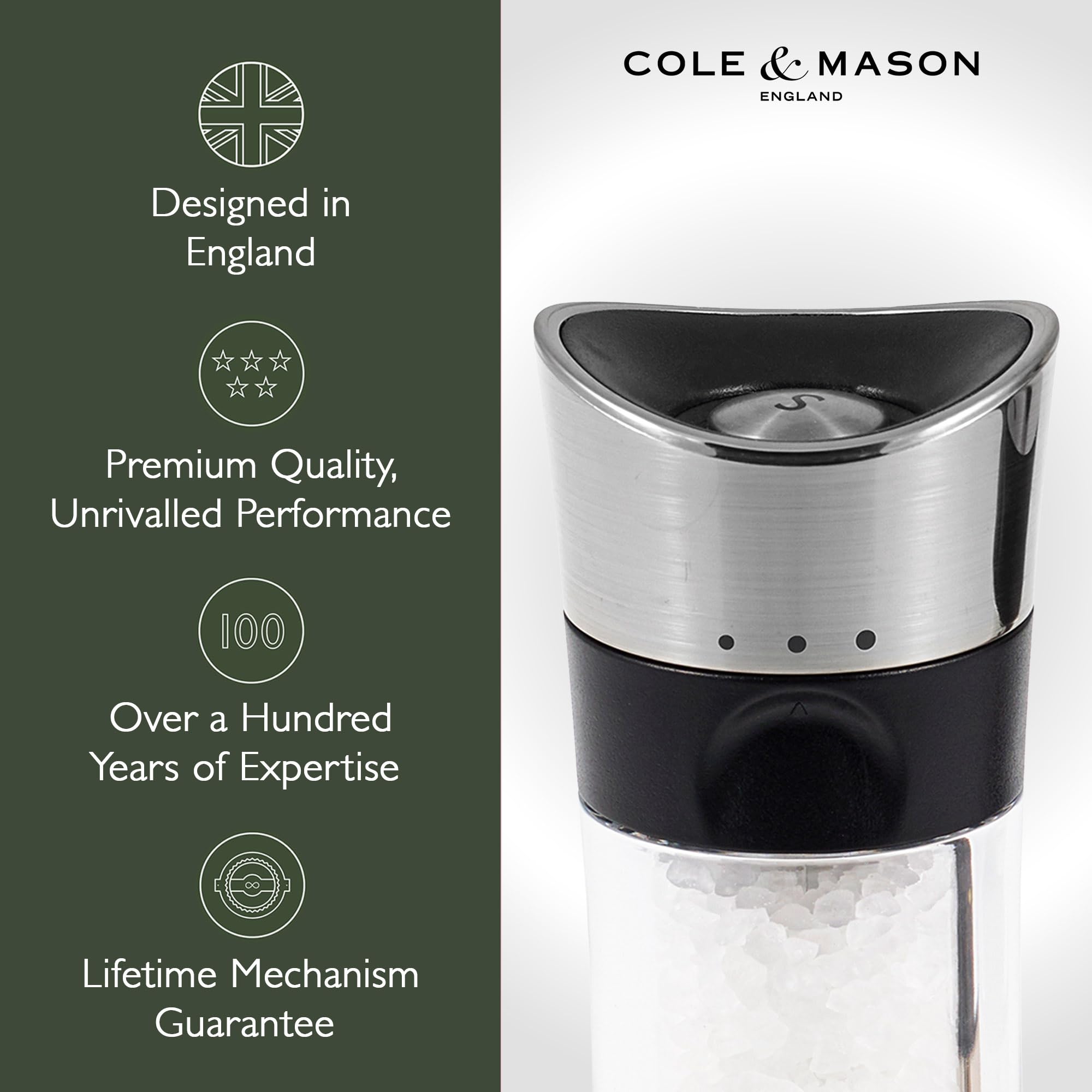 Cole & Mason H306592P Horsham Cromo Molinillo de Sal, Precision+/Molienda Ajustable, Cromo/Acrílico, 154mm, Incluye 1 x Molino