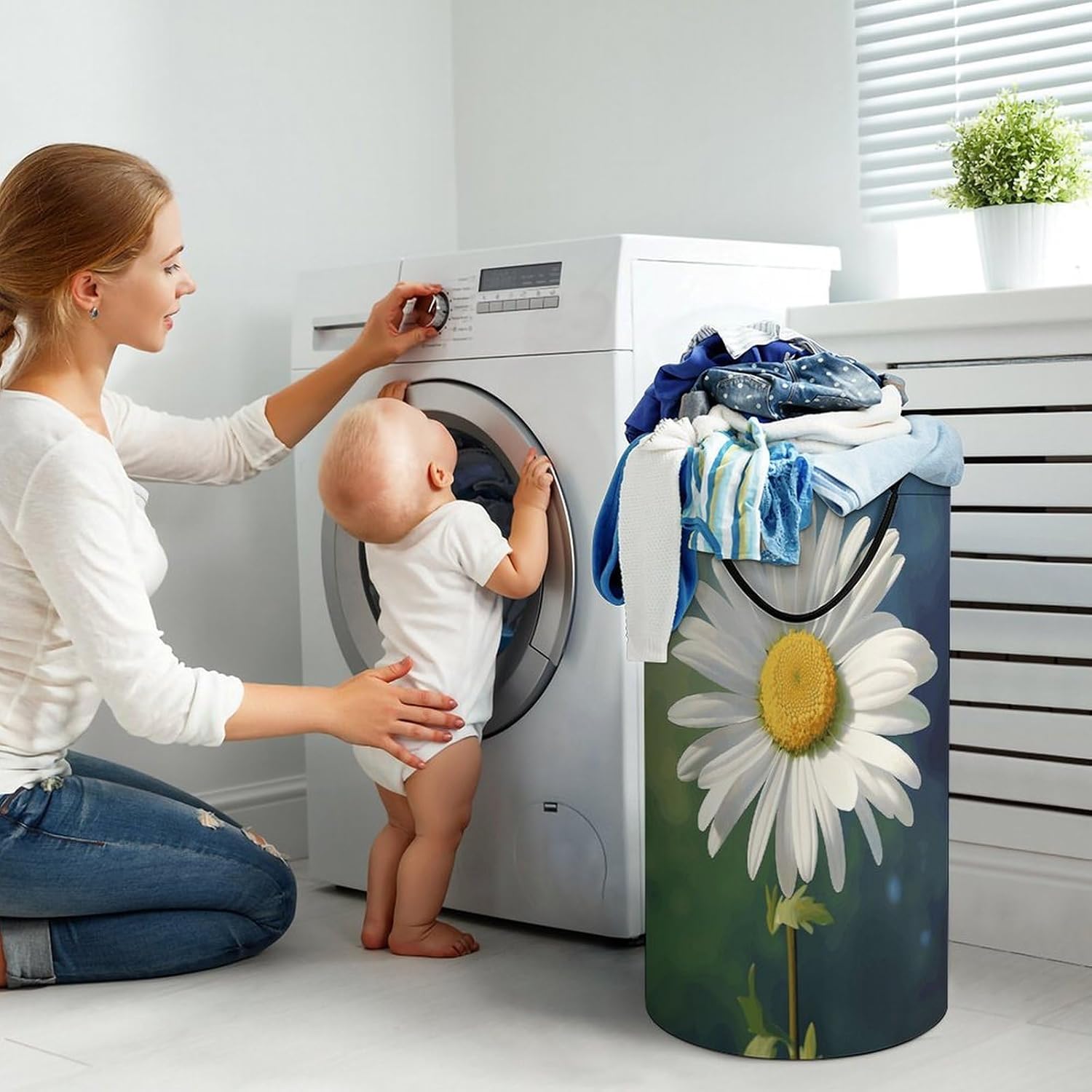 Daisy Flower Laundry Hamper with Handles Waterproof Collapsible Laundry Basket Large Lightweight Round Dirty Clothes Hamper for Home Dorm Bathroom Decor