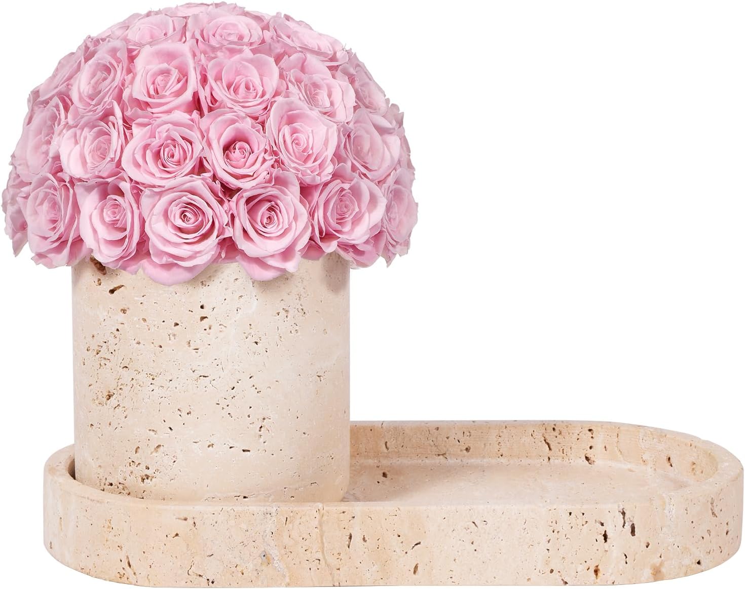 JoyFlower Preserved Flowers Vase, Yellow Travertine Flower Vases & Travertine Tray, Eternal Flower Decorations for Party Home Living Room Bedroom Coffee Table, Decorative Flower Vase House Decor(Pink)