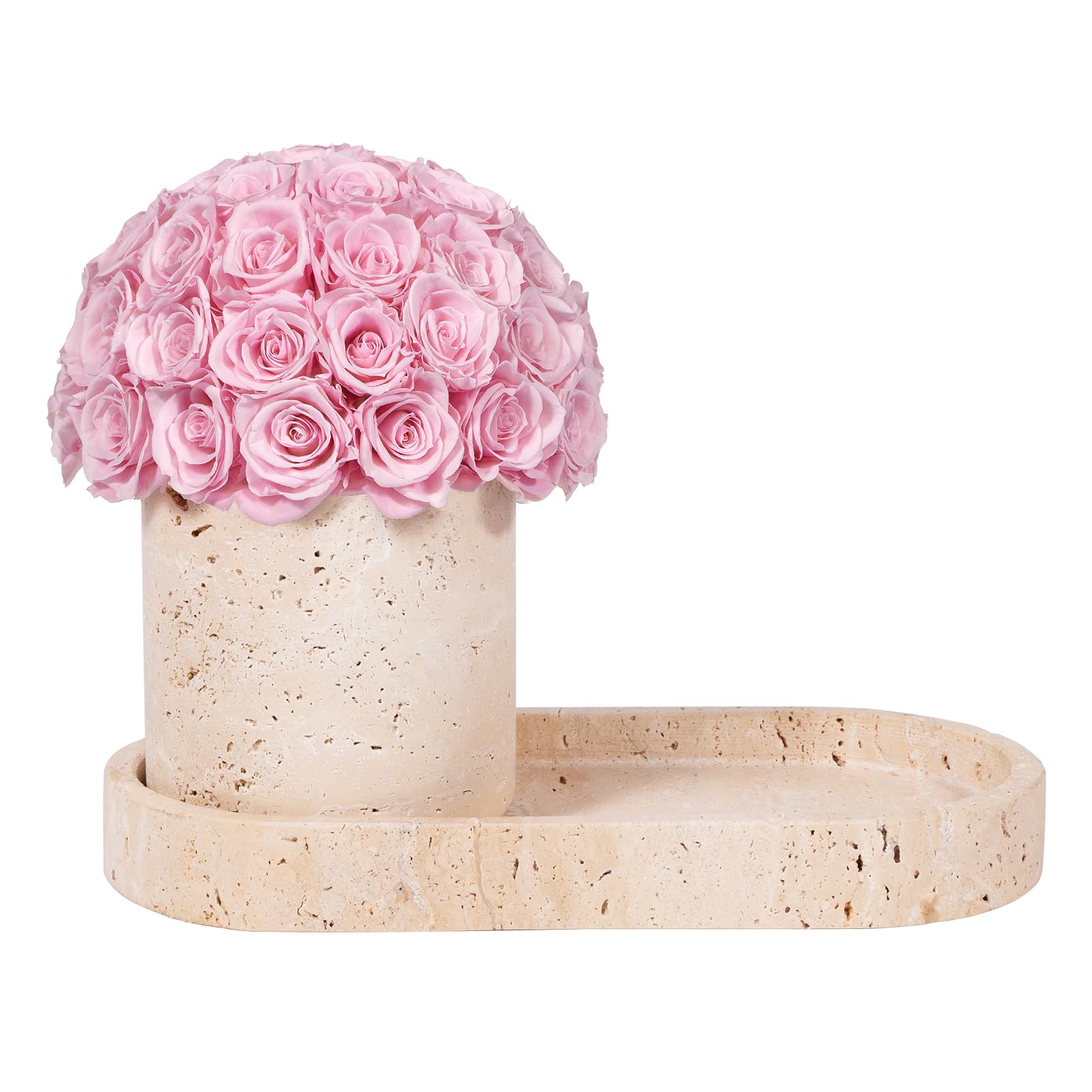 Photo 1 of JoyFlower Preserved Flowers Vase, Yellow Travertine Flower Vases & Travertine Tray, Eternal Flower Decorations for Home Living Room Bedroom Coffee Table, Decorative Flower Vase House Decor(Light Pink)