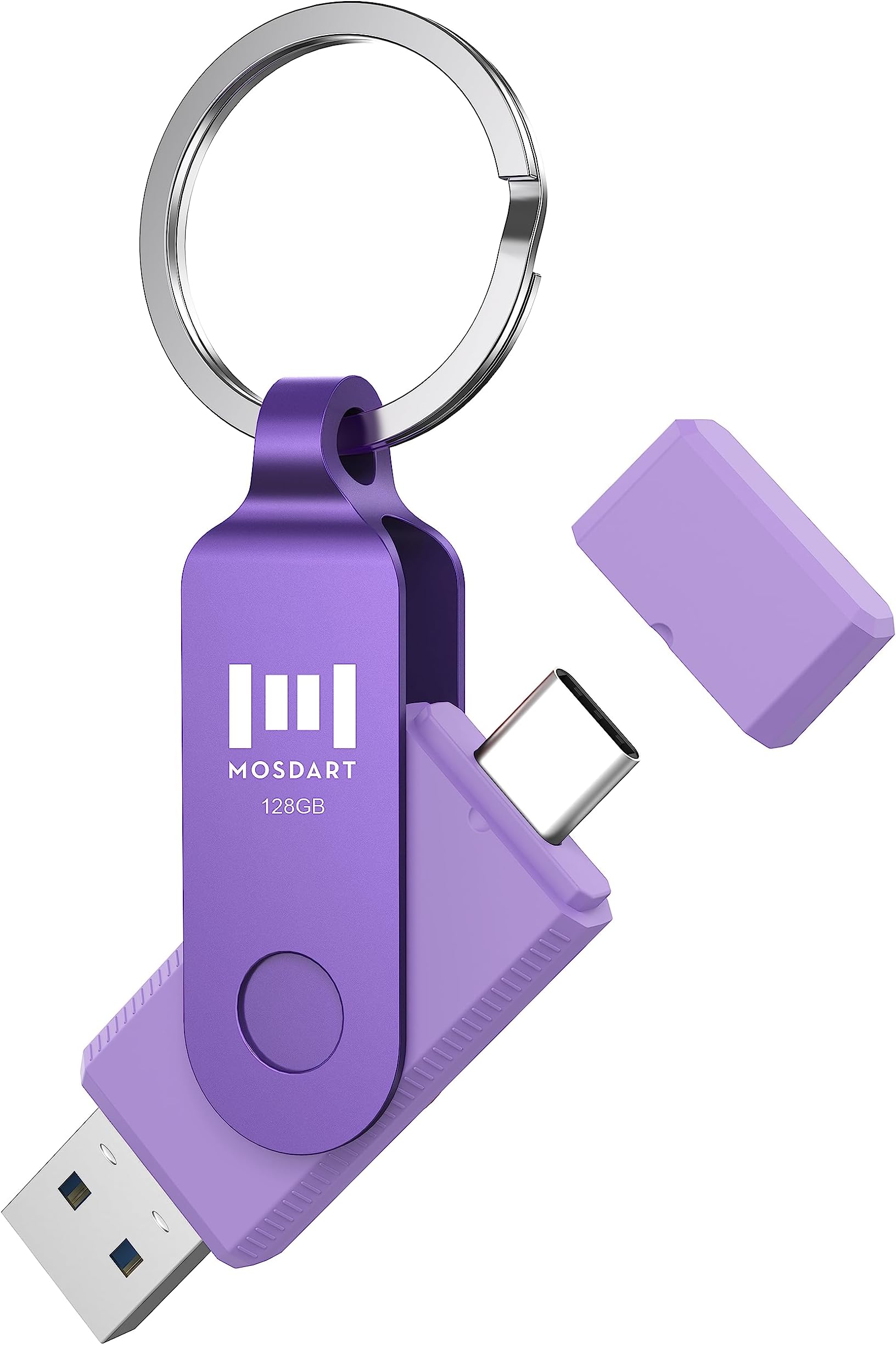 mosDART128GB Dual USB C Flash Drive, Speed Up to 150MB/S Type C and A Thumb Drive with Keychain and LED Indicator, exFAT Memory Stick for iPhone 15 and 16, iPad, Android Phone, Tablet, Laptop, Purple