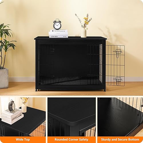 Vista 106 de DWANTON Mueble de jaula para perros con cojín, caja de madera para perros con puertas dobles, muebles para perros, perrera de interior, mesa Negro