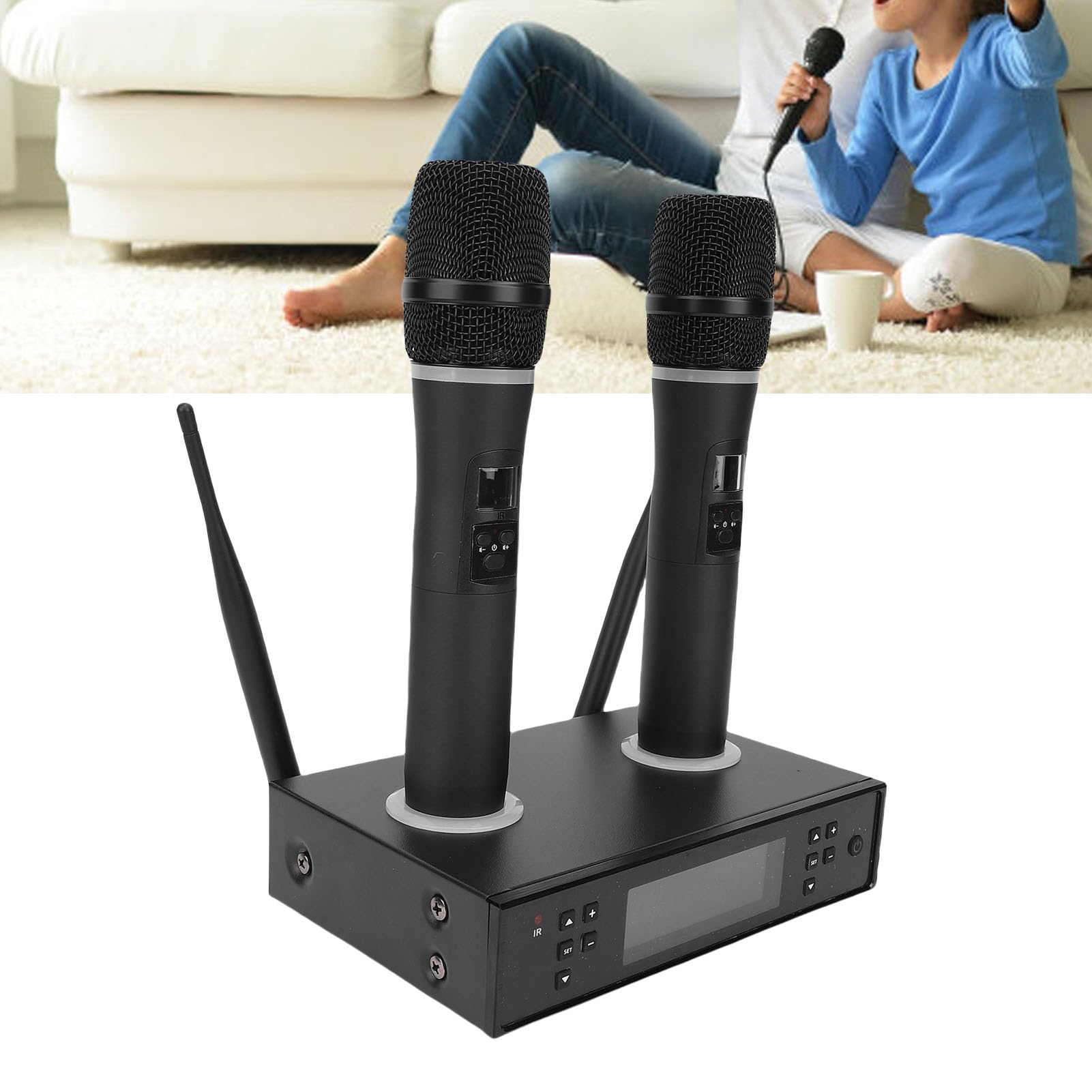 Sxhlseller de Micrófono Inalámbrico Recargable Mics Doble Sonido Transparente para Conferencias de Bodas, Aleyblack de Aluminio/Paquete de Micrófono